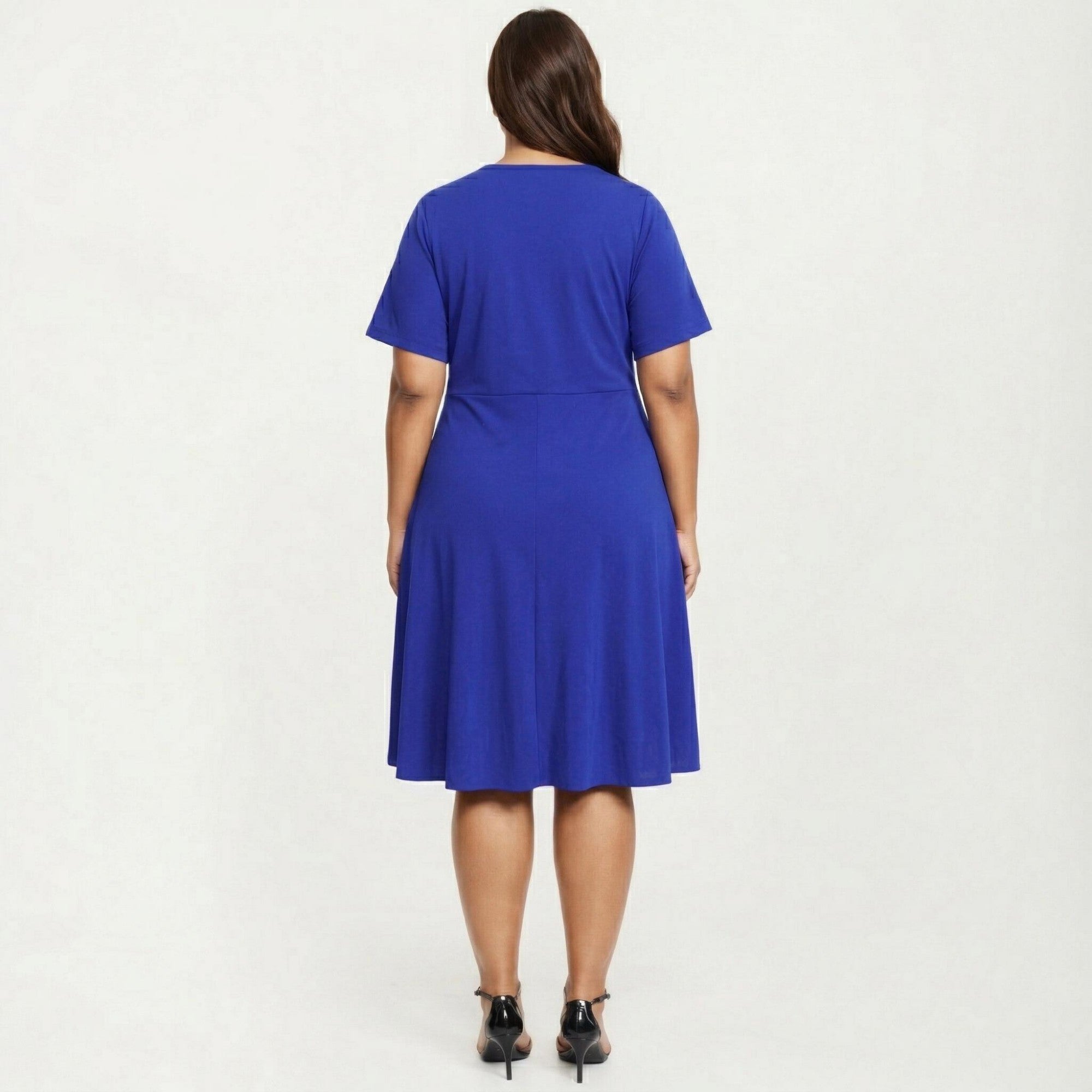 Anna-Kaci Short Sleeve Midi Dress with Laser Cut Detail Round Neck A Line Fit and Flare Casual Dress