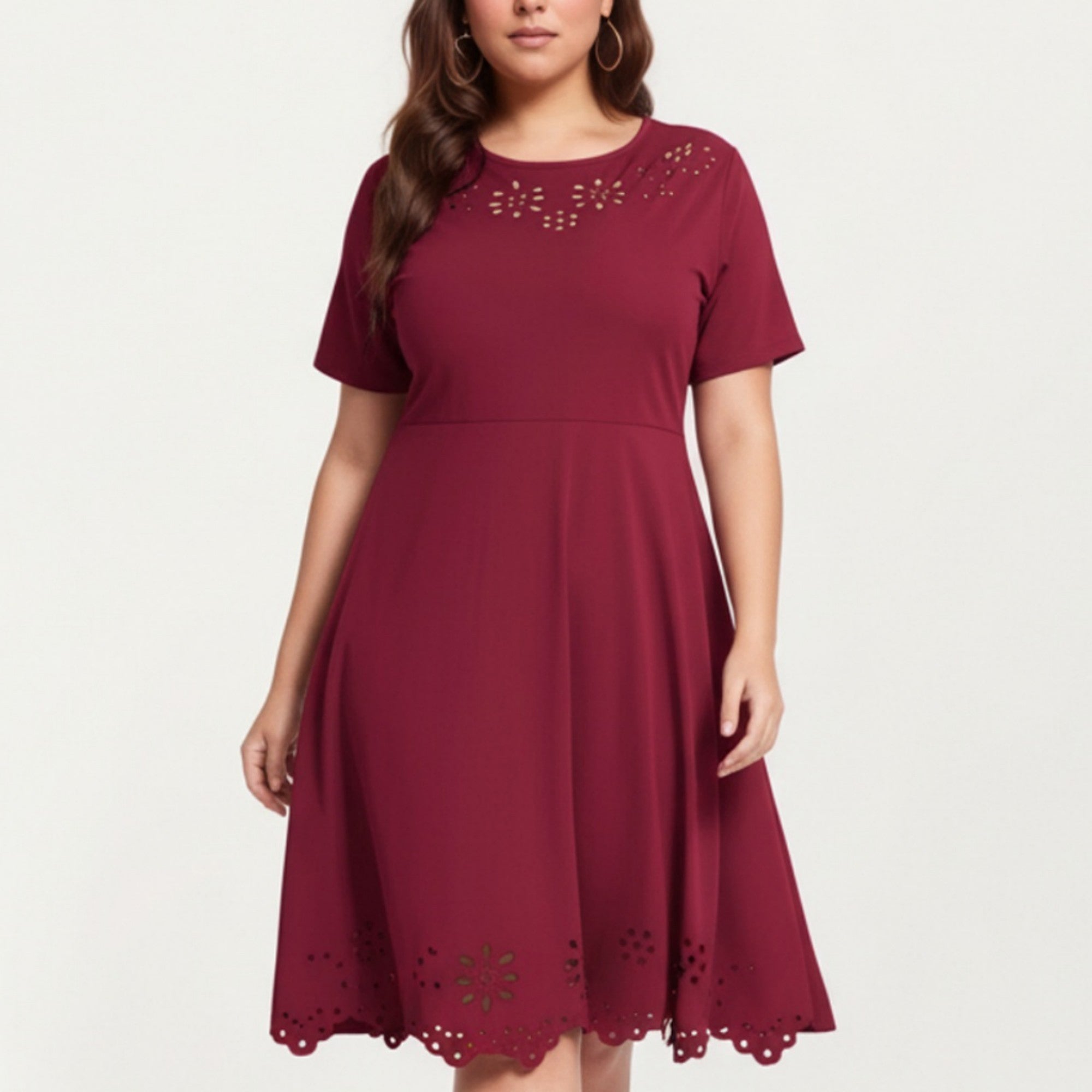 Anna-Kaci Short Sleeve Midi Dress with Laser Cut Detail Round Neck A Line Fit and Flare Casual Dress
