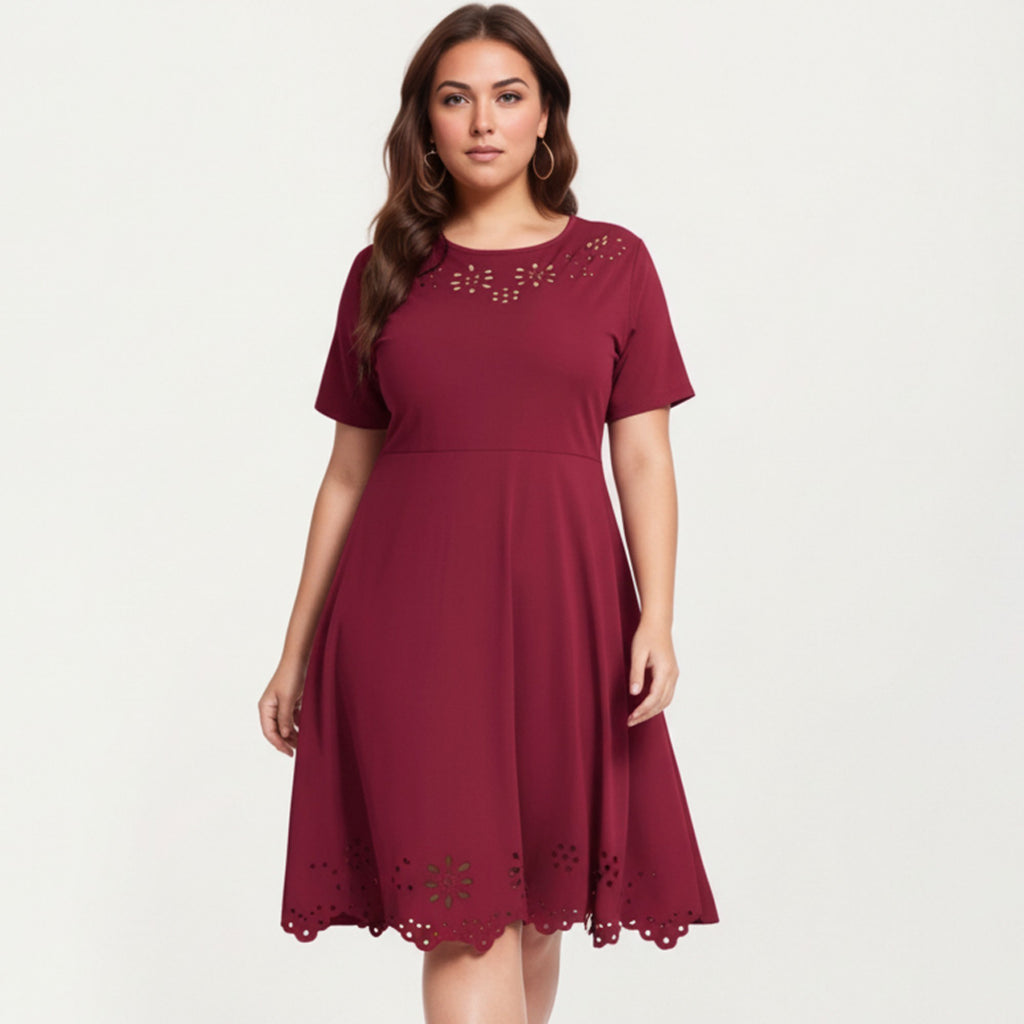 Anna-Kaci Short Sleeve Midi Dress with Laser Cut Detail Round Neck A Line Fit and Flare Casual Dress