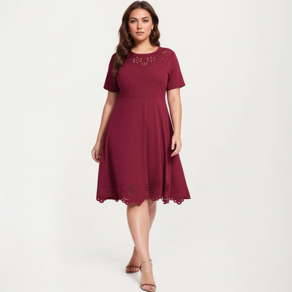 Anna-Kaci Short Sleeve Midi Dress with Laser Cut Detail Round Neck A Line Fit and Flare Casual Dress