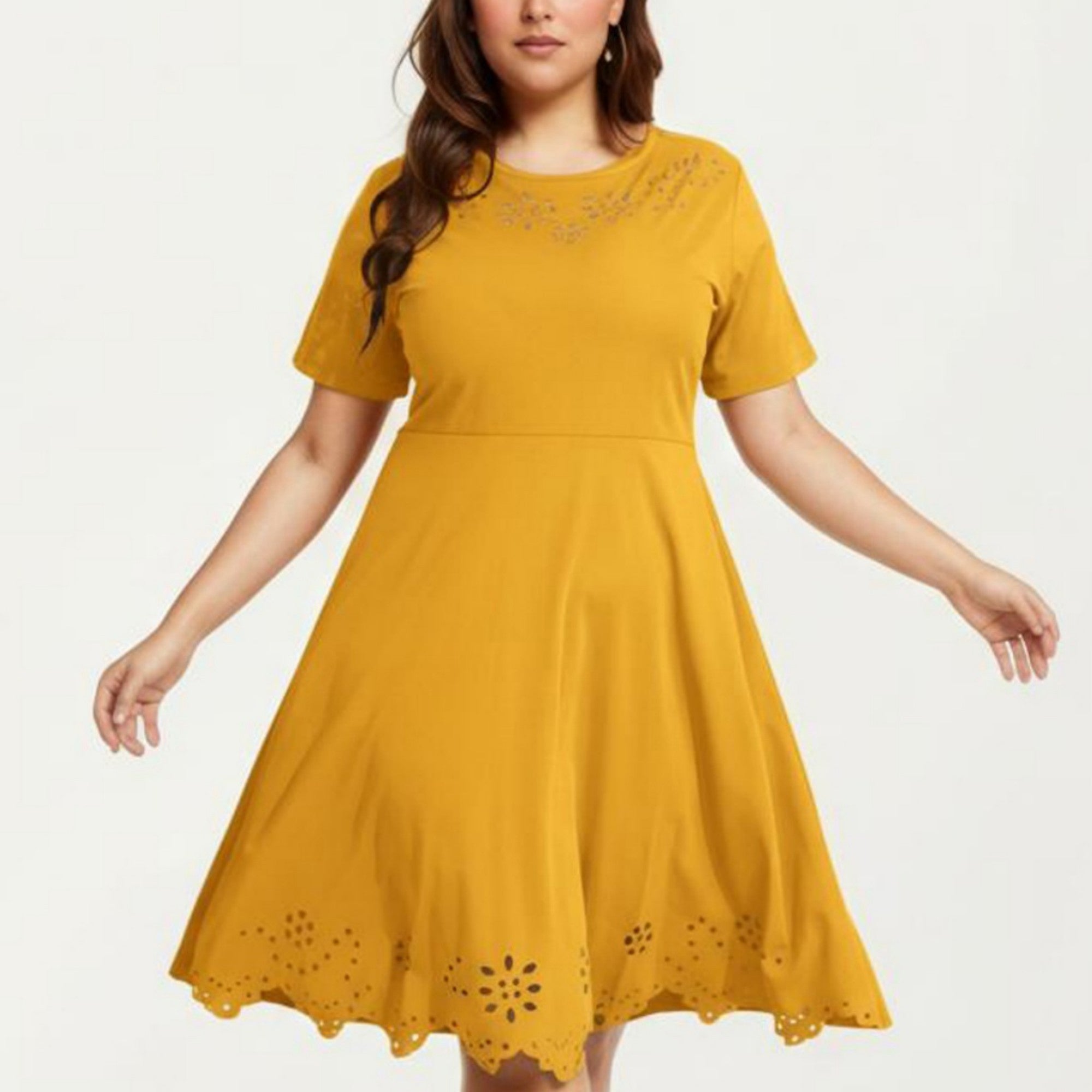 Anna-Kaci Short Sleeve Midi Dress with Laser Cut Detail Round Neck A Line Fit and Flare Casual Dress