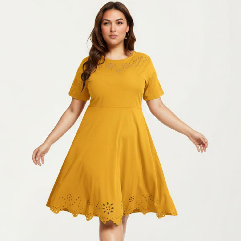 Anna-Kaci Short Sleeve Midi Dress with Laser Cut Detail Round Neck A Line Fit and Flare Casual Dress