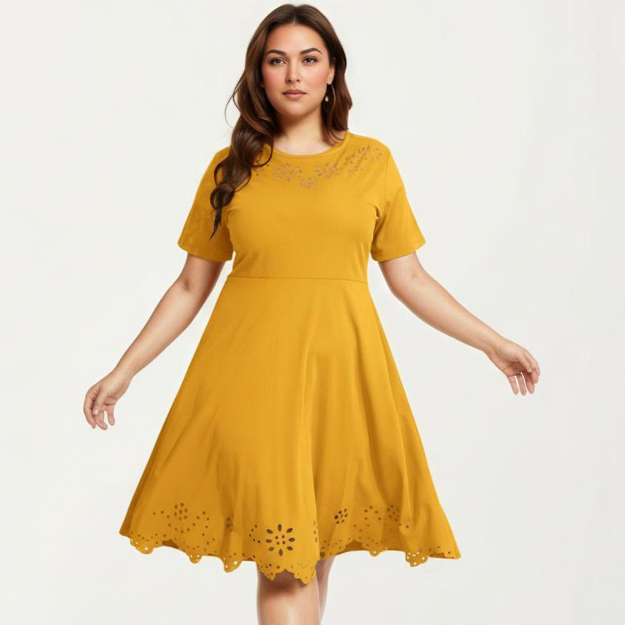 Anna-Kaci Short Sleeve Midi Dress with Laser Cut Detail Round Neck A Line Fit and Flare Casual Dress