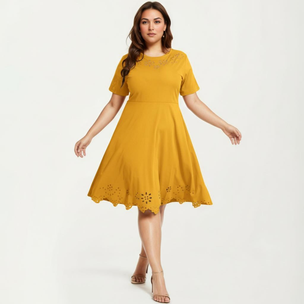 Anna-Kaci Short Sleeve Midi Dress with Laser Cut Detail Round Neck A Line Fit and Flare Casual Dress