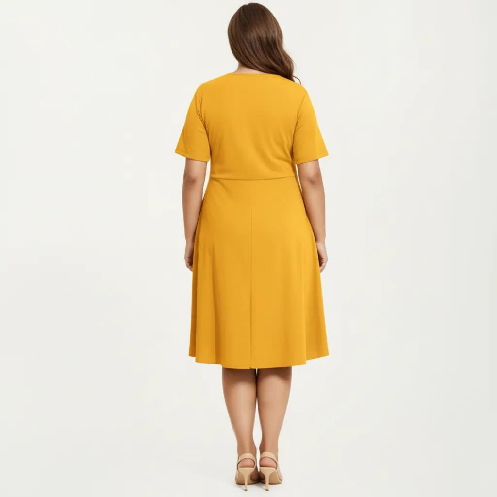 Anna-Kaci Short Sleeve Midi Dress with Laser Cut Detail Round Neck A Line Fit and Flare Casual Dress