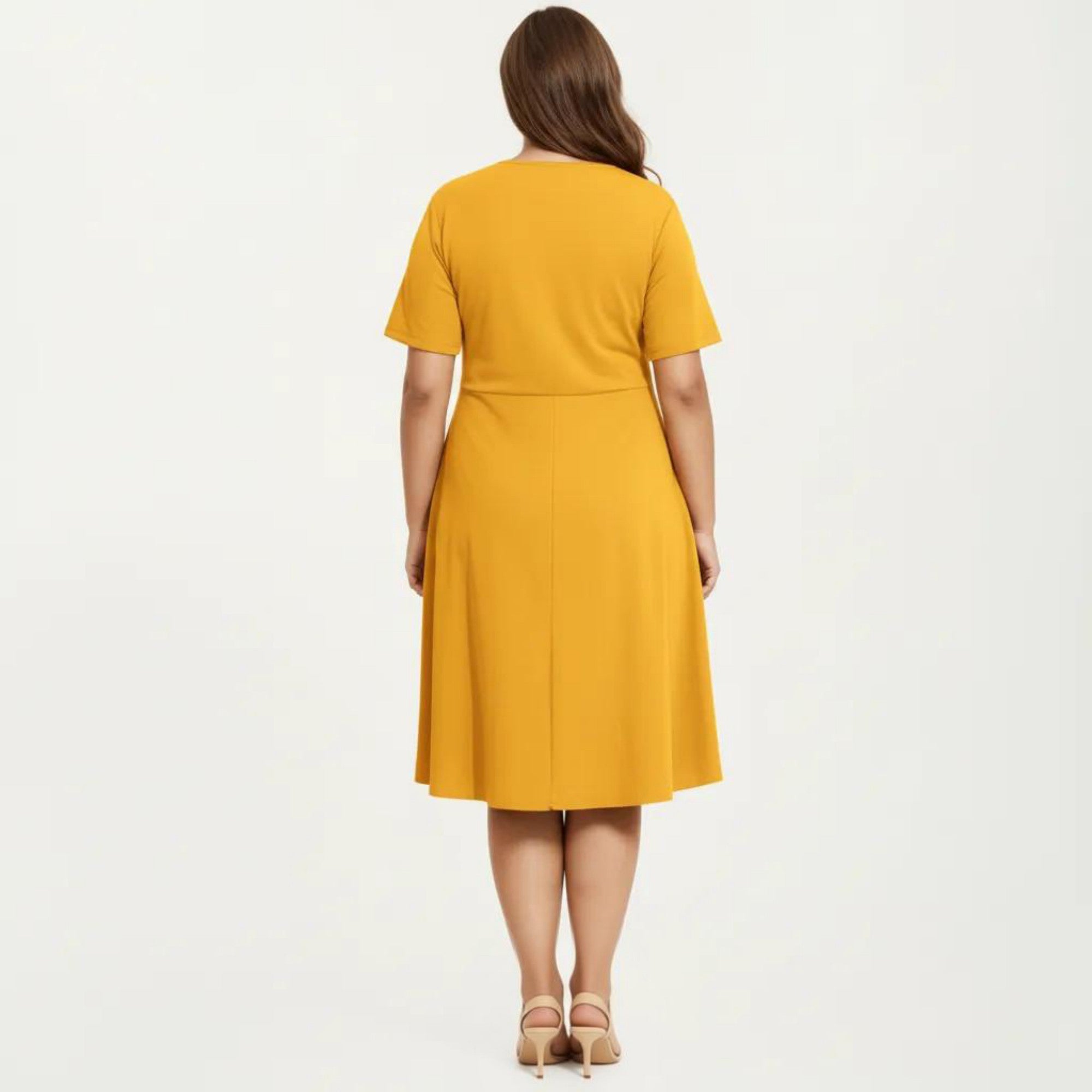 Anna-Kaci Short Sleeve Midi Dress with Laser Cut Detail Round Neck A Line Fit and Flare Casual Dress