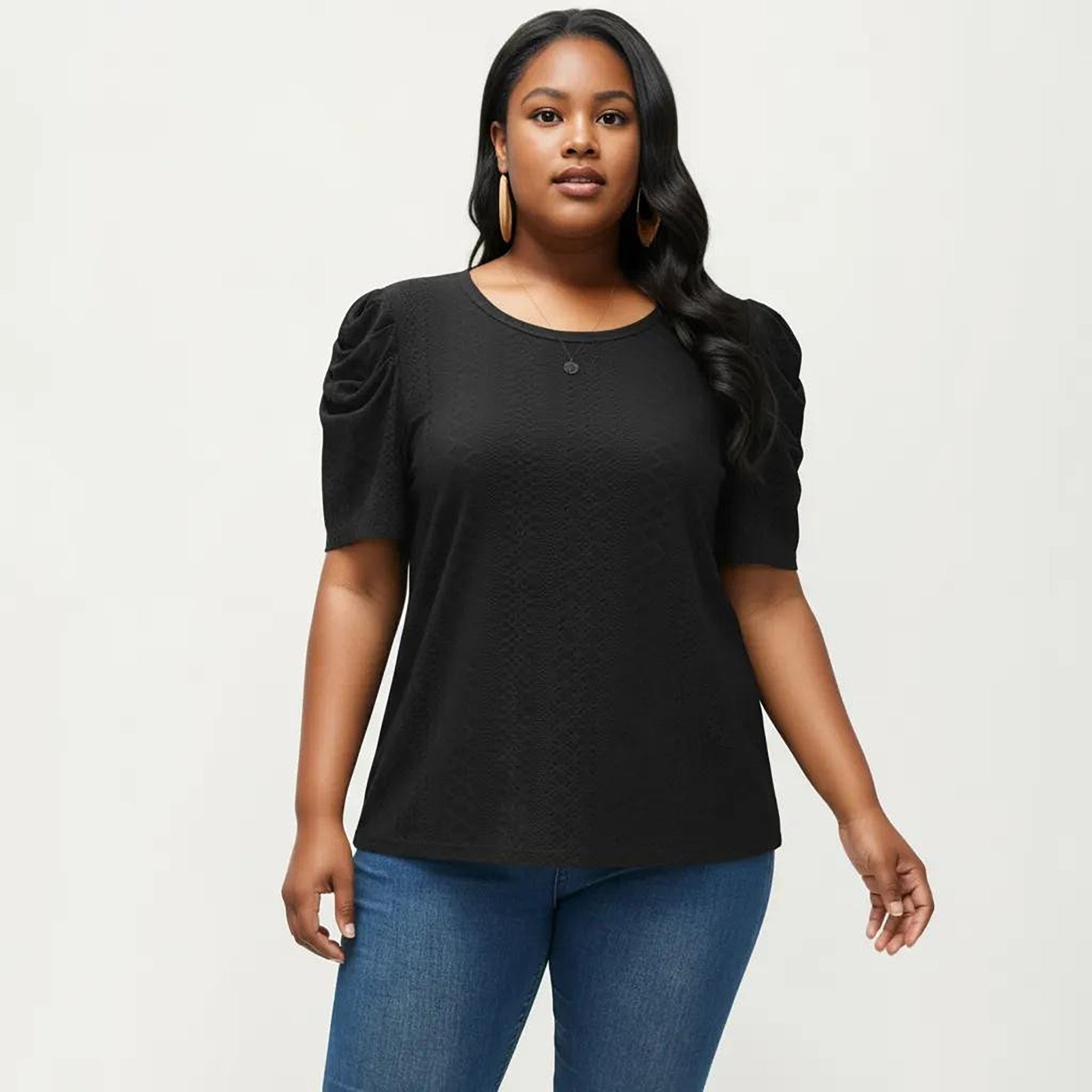Anna-Kaci Women's Plus Size Short Sleeve Knit Top with Puff Sleeves Textured Pattern Crew Neck Relaxed Shirt