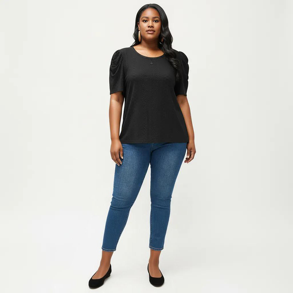Anna-Kaci Women's Plus Size Short Sleeve Knit Top with Puff Sleeves Textured Pattern Crew Neck Relaxed Shirt