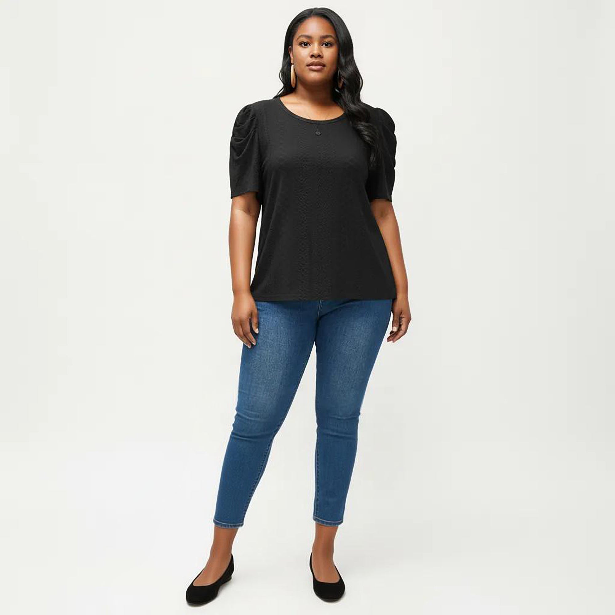 Anna-Kaci Women's Plus Size Short Sleeve Knit Top with Puff Sleeves Textured Pattern Crew Neck Relaxed Shirt