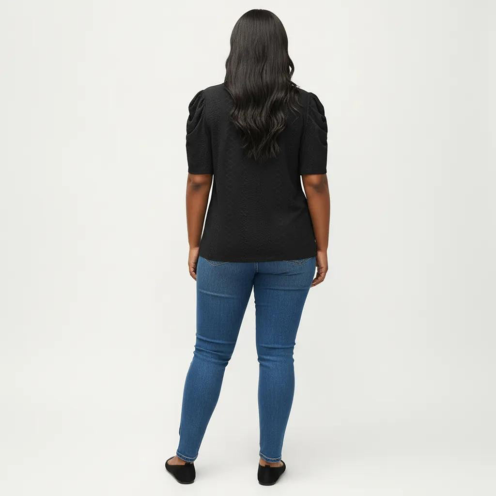 Anna-Kaci Women's Plus Size Short Sleeve Knit Top with Puff Sleeves Textured Pattern Crew Neck Relaxed Shirt