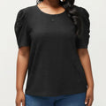 Anna-Kaci Women's Plus Size Short Sleeve Knit Top with Puff Sleeves Textured Pattern Crew Neck Relaxed Shirt