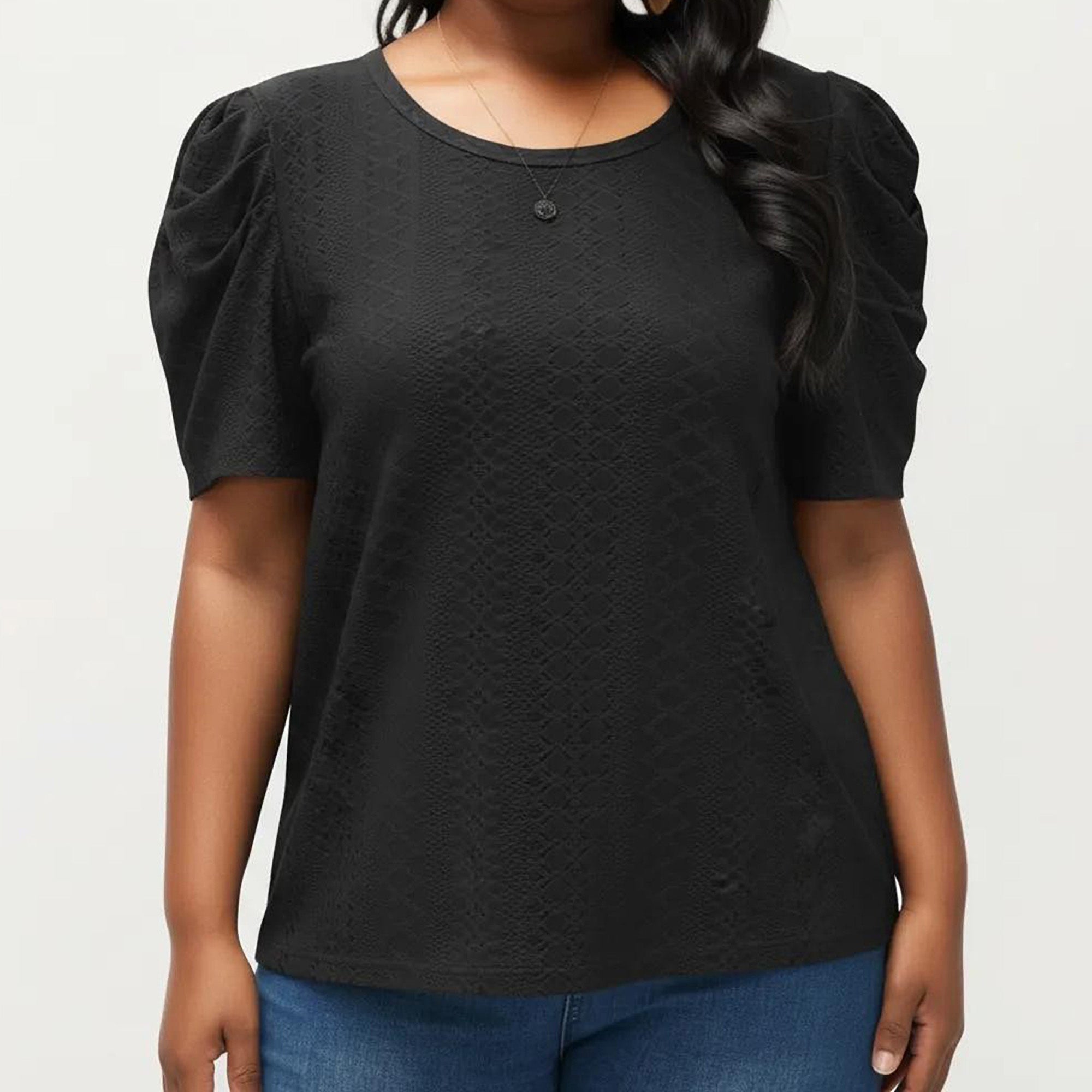 Anna-Kaci Women's Plus Size Short Sleeve Knit Top with Puff Sleeves Textured Pattern Crew Neck Relaxed Shirt