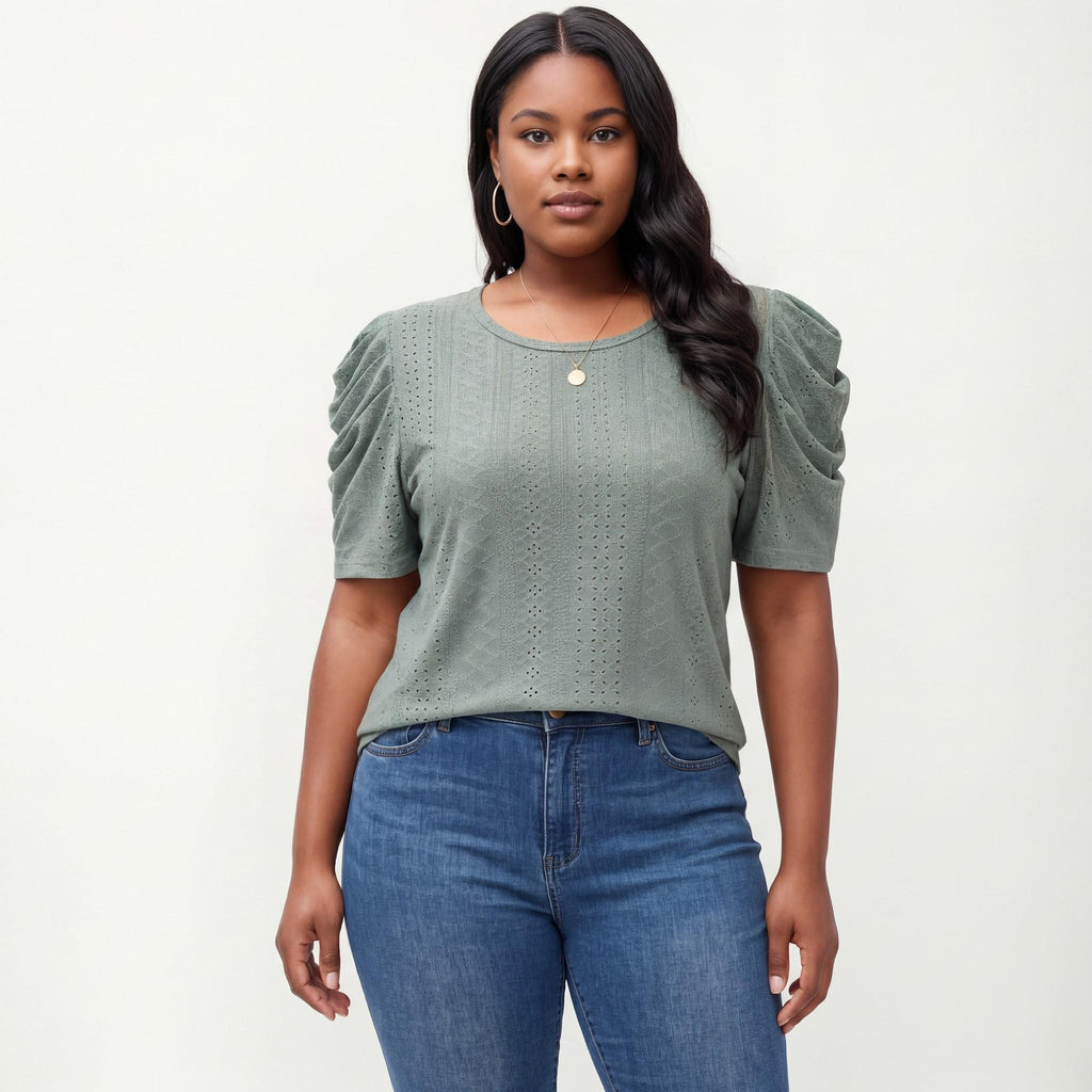 Anna-Kaci Women's Plus Size Short Sleeve Knit Top with Puff Sleeves Textured Pattern Crew Neck Relaxed Shirt
