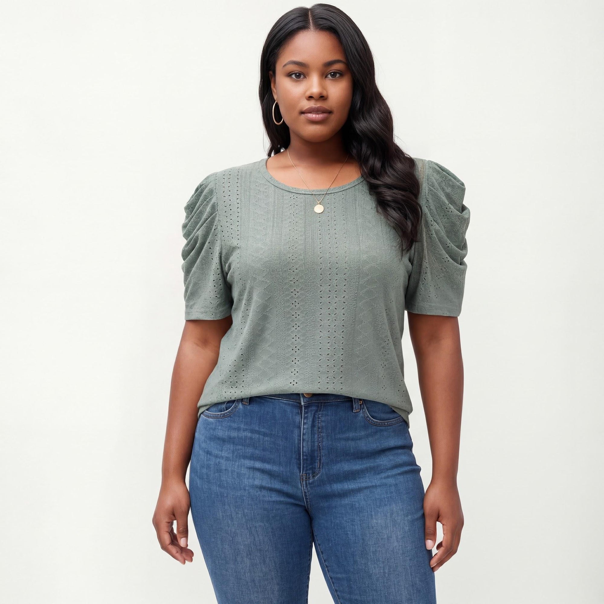 Anna-Kaci Women's Plus Size Short Sleeve Knit Top with Puff Sleeves Textured Pattern Crew Neck Relaxed Shirt