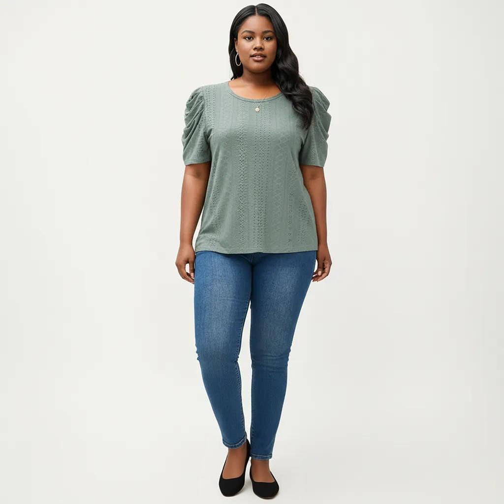 Anna-Kaci Women's Plus Size Short Sleeve Knit Top with Puff Sleeves Textured Pattern Crew Neck Relaxed Shirt