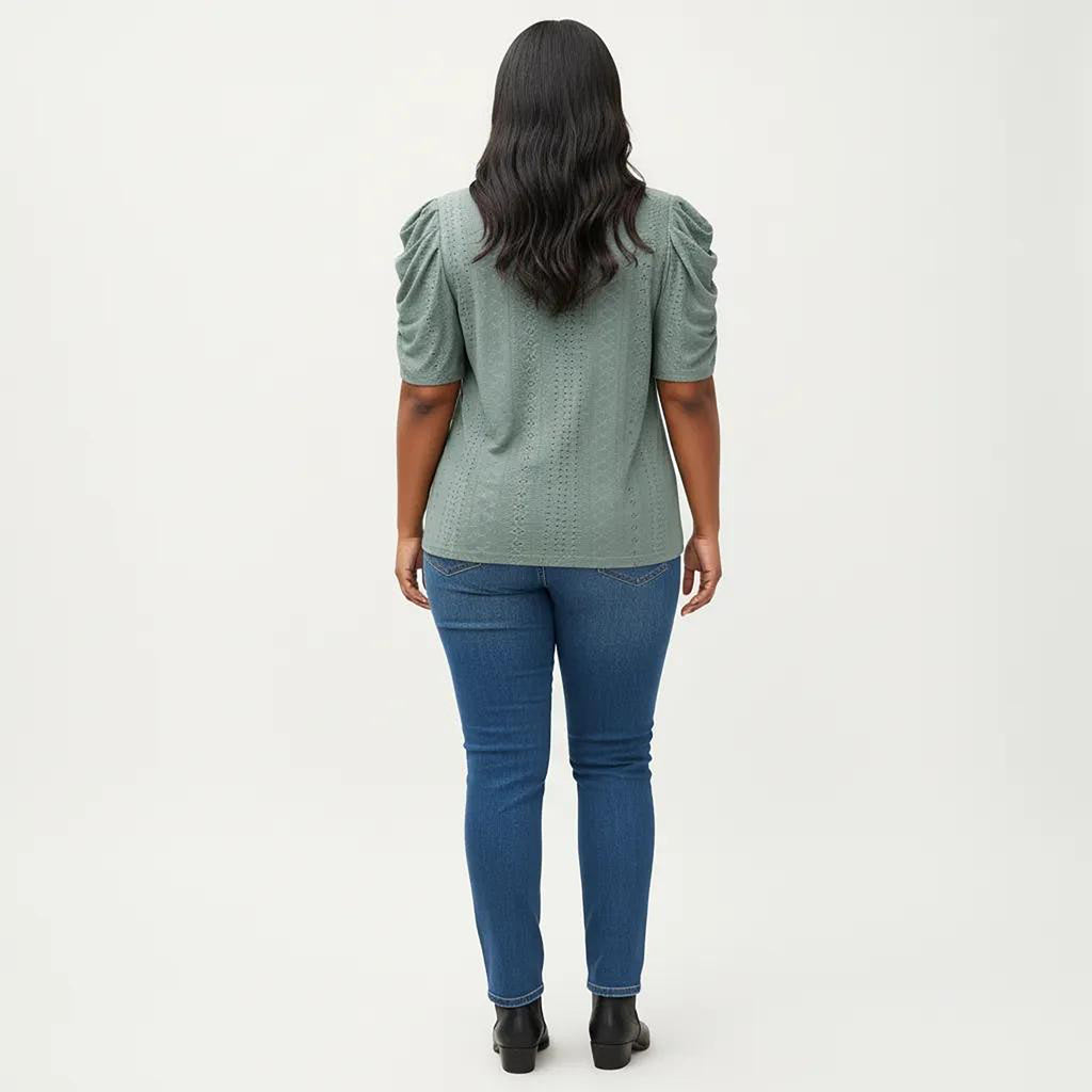 Anna-Kaci Women's Plus Size Short Sleeve Knit Top with Puff Sleeves Textured Pattern Crew Neck Relaxed Shirt