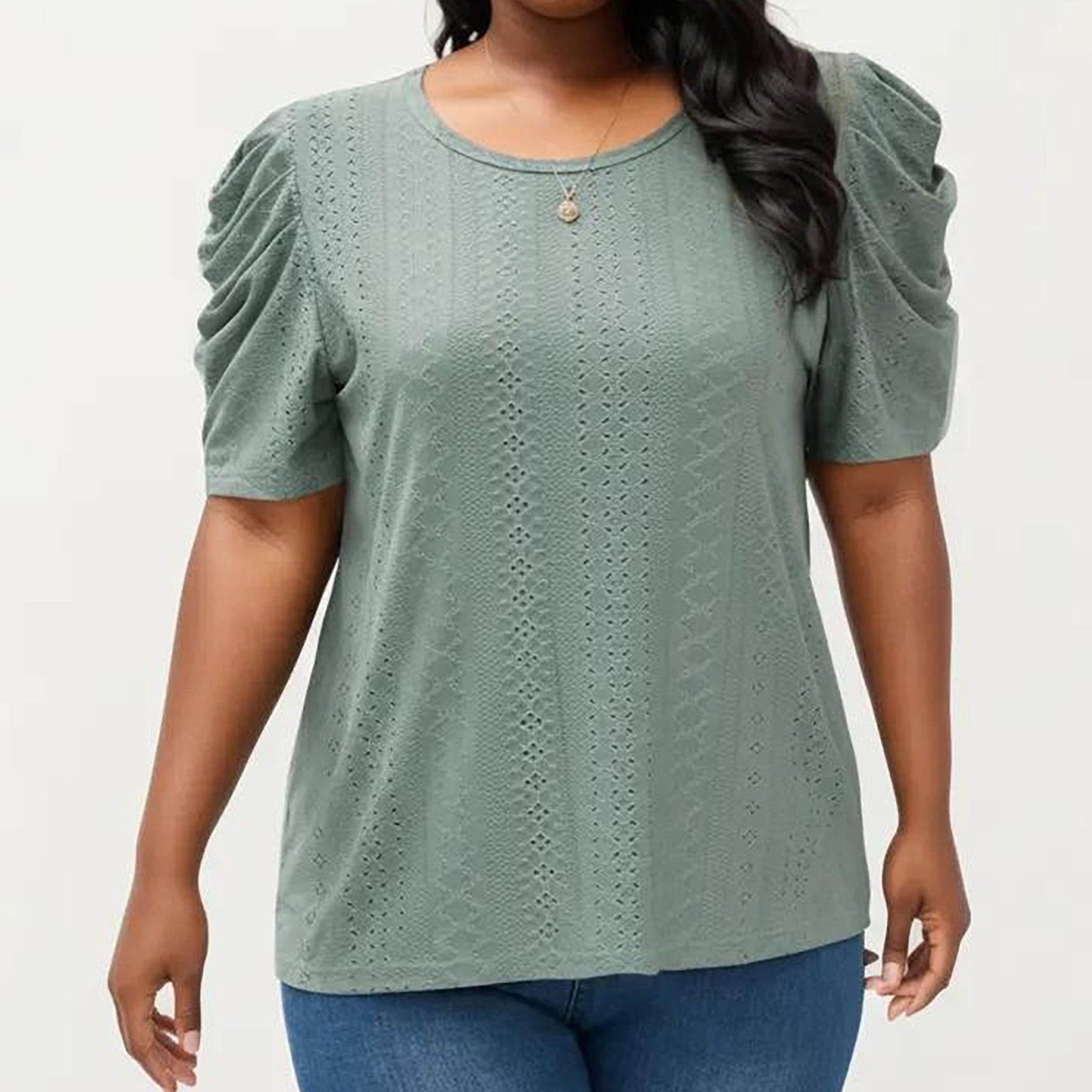 Anna-Kaci Women's Plus Size Short Sleeve Knit Top with Puff Sleeves Textured Pattern Crew Neck Relaxed Shirt
