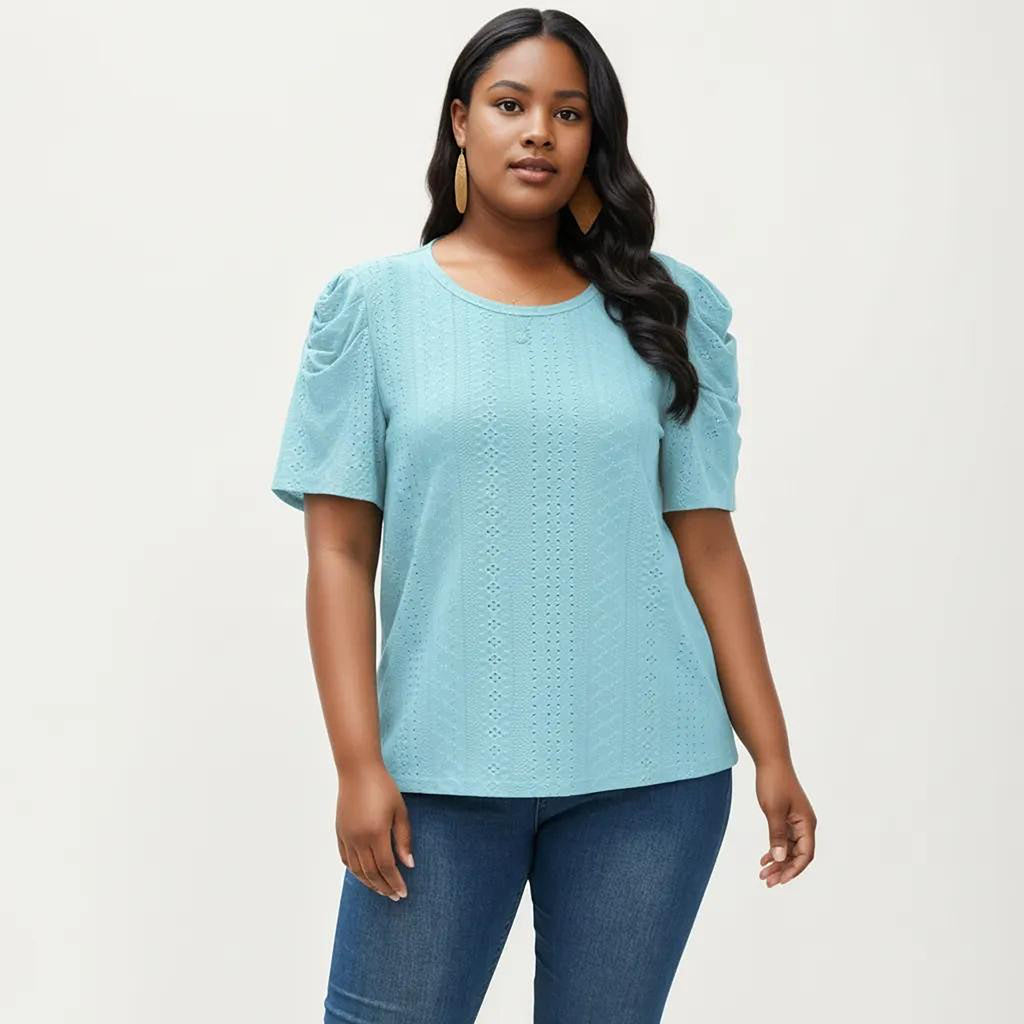 Anna-Kaci Women's Plus Size Short Sleeve Knit Top with Puff Sleeves Textured Pattern Crew Neck Relaxed Shirt