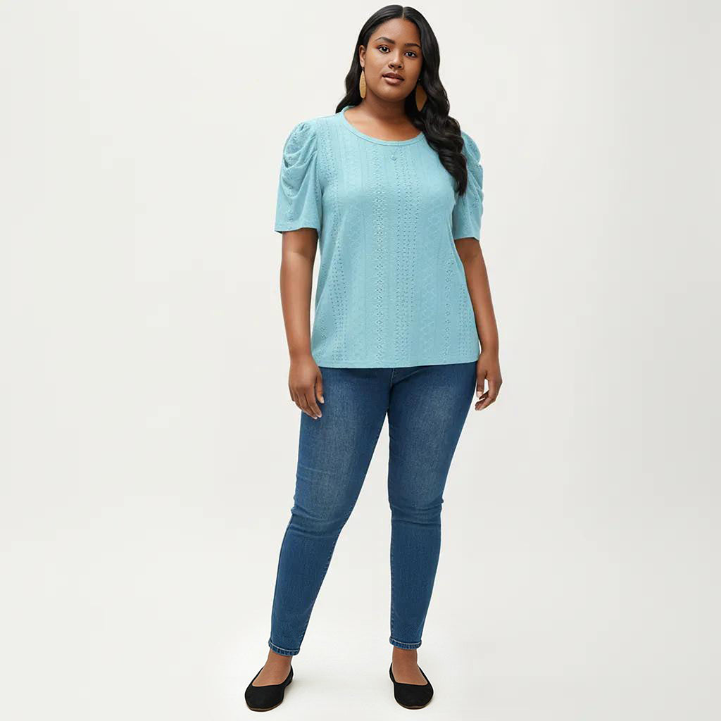 Anna-Kaci Women's Plus Size Short Sleeve Knit Top with Puff Sleeves Textured Pattern Crew Neck Relaxed Shirt