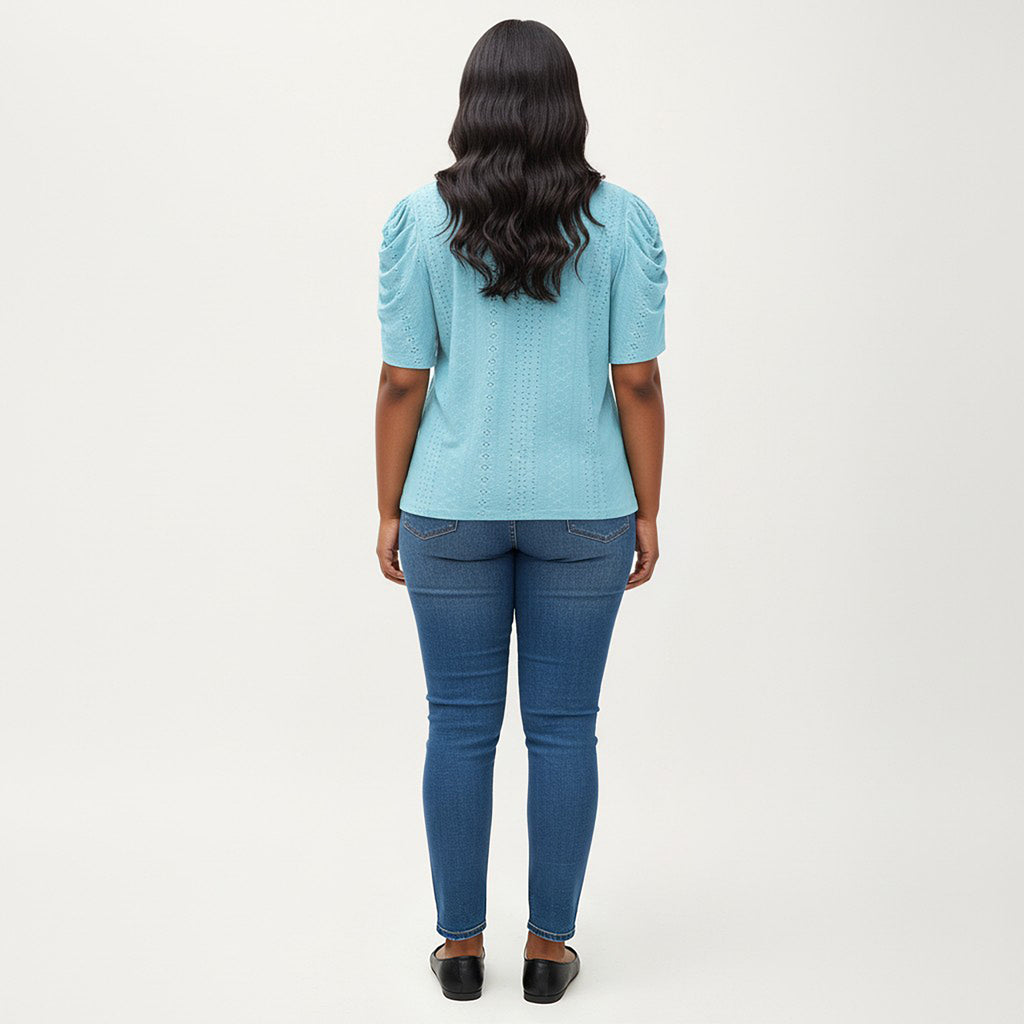 Anna-Kaci Women's Plus Size Short Sleeve Knit Top with Puff Sleeves Textured Pattern Crew Neck Relaxed Shirt
