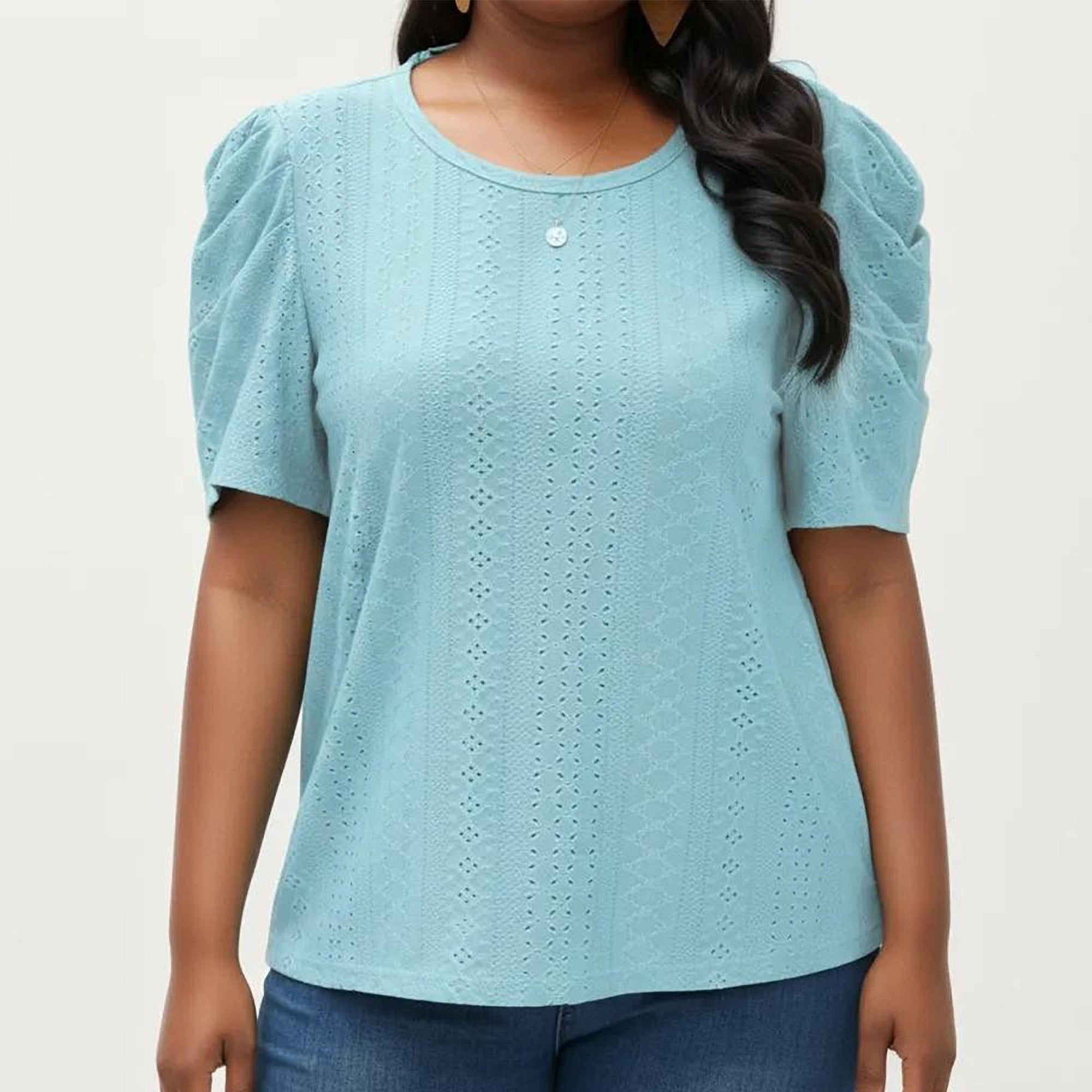 Anna-Kaci Women's Plus Size Short Sleeve Knit Top with Puff Sleeves Textured Pattern Crew Neck Relaxed Shirt