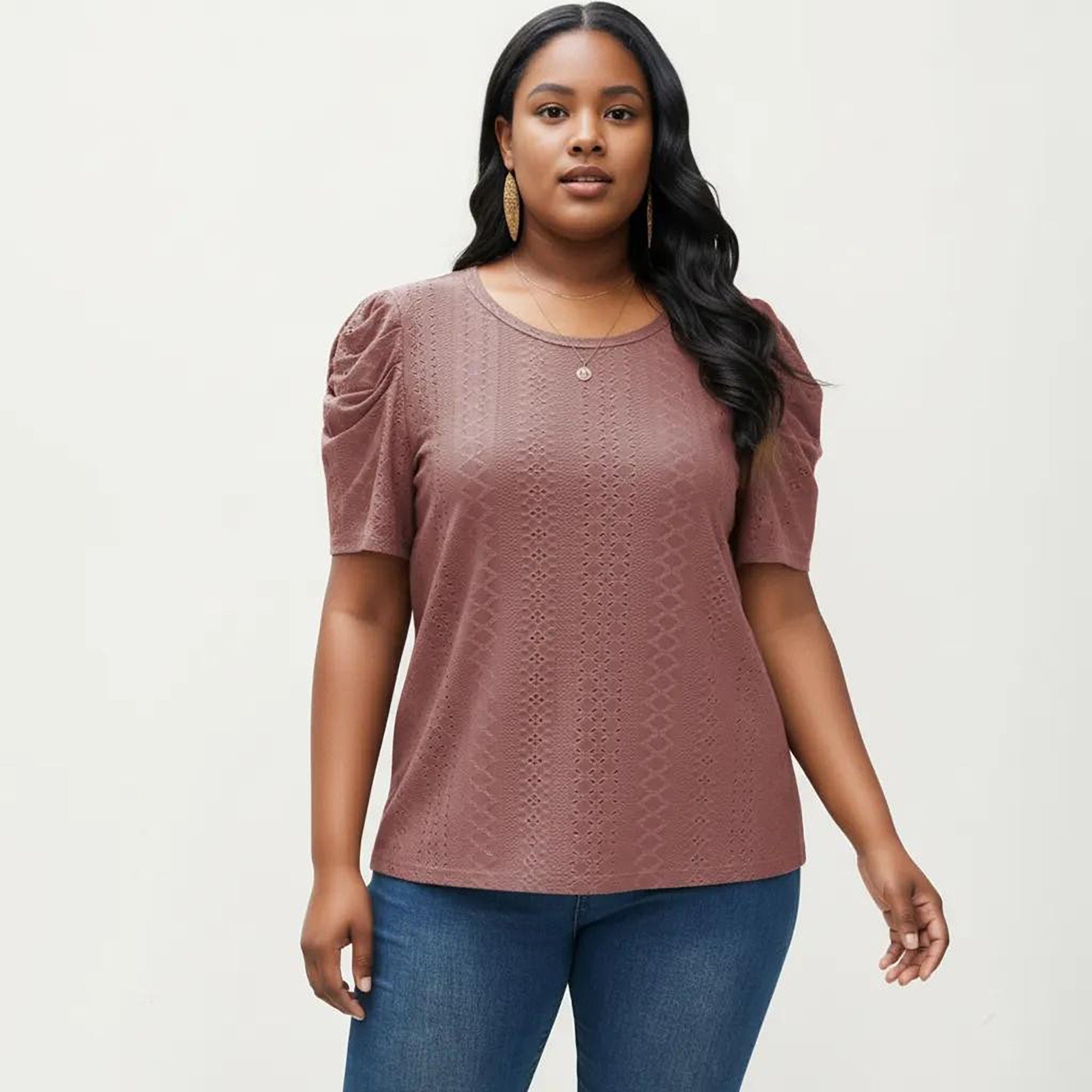 Anna-Kaci Women's Plus Size Short Sleeve Knit Top with Puff Sleeves Textured Pattern Crew Neck Relaxed Shirt