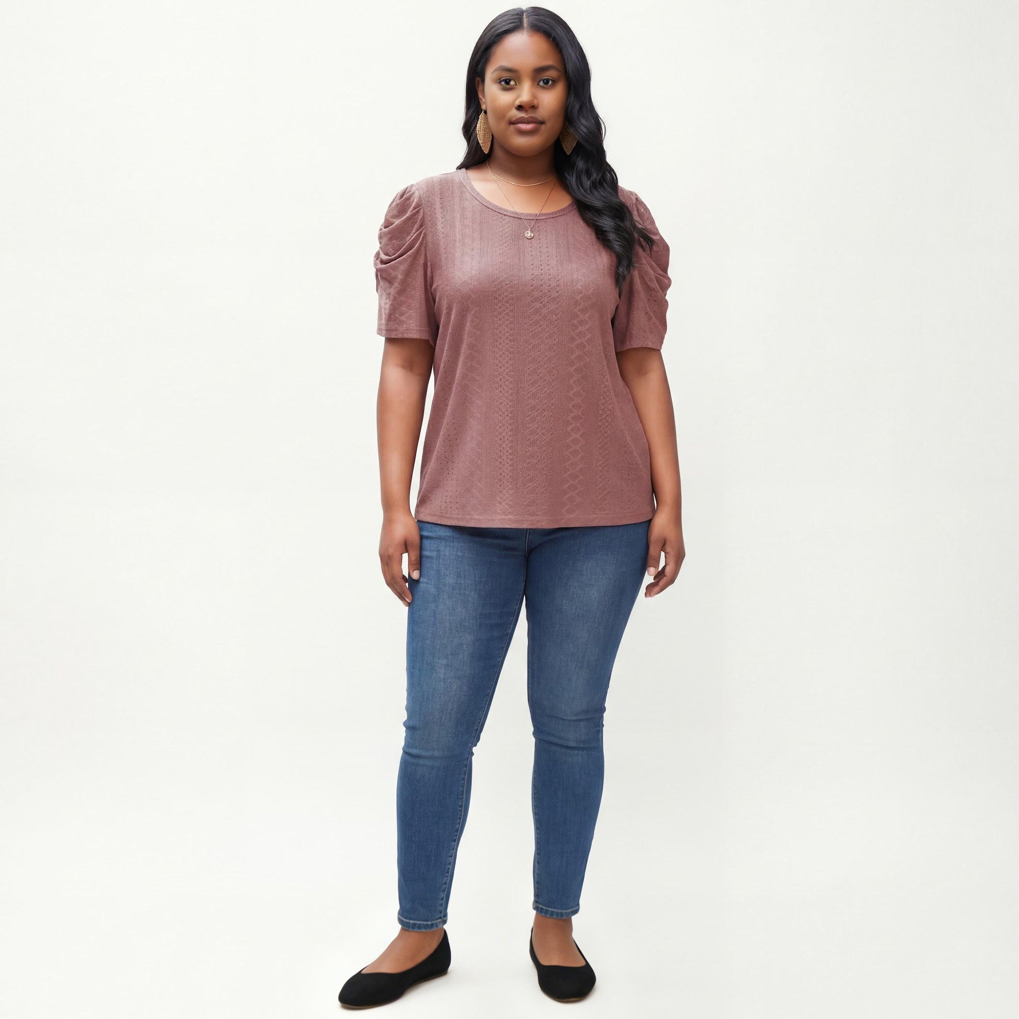 Anna-Kaci Women's Plus Size Short Sleeve Knit Top with Puff Sleeves Textured Pattern Crew Neck Relaxed Shirt