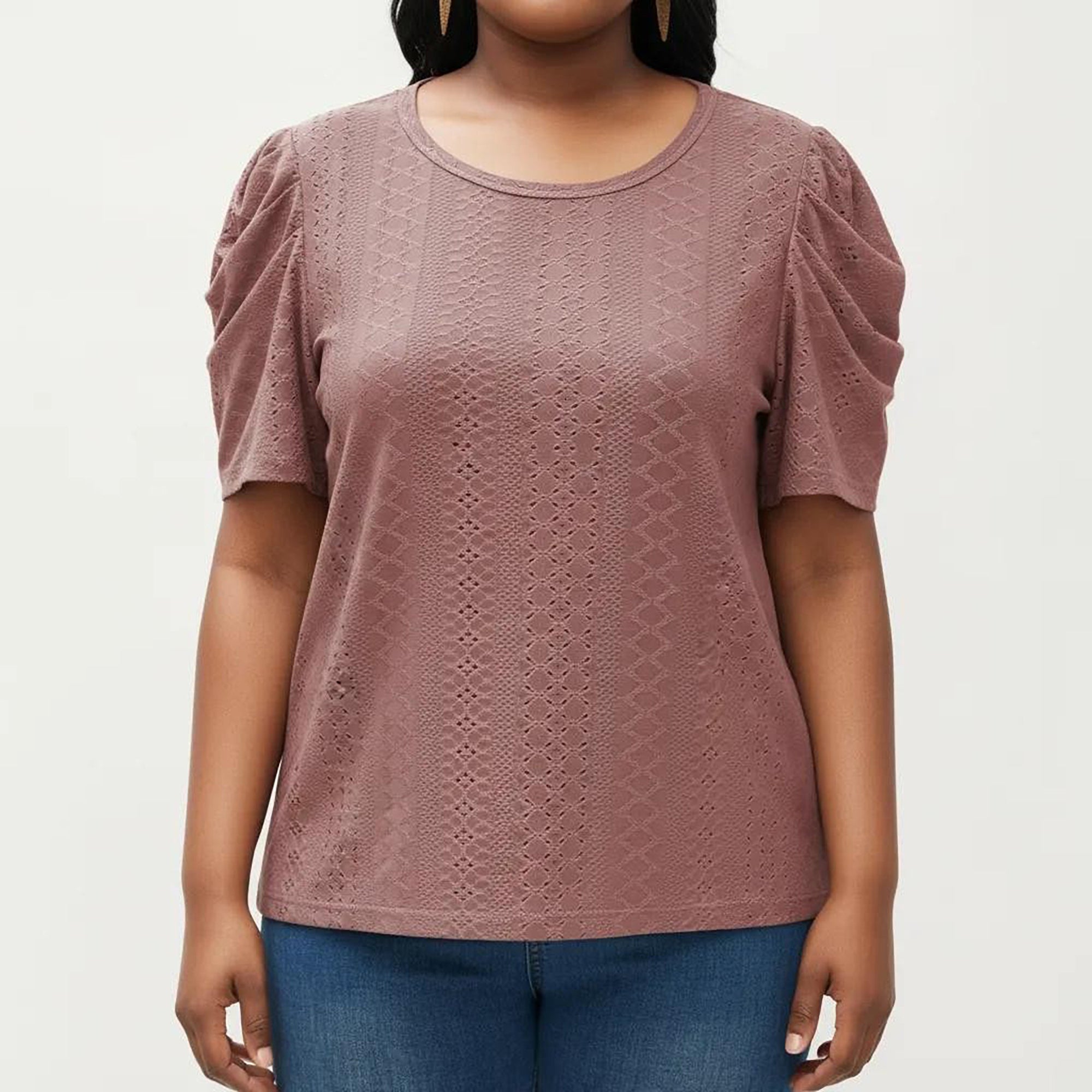 Anna-Kaci Women's Plus Size Short Sleeve Knit Top with Puff Sleeves Textured Pattern Crew Neck Relaxed Shirt