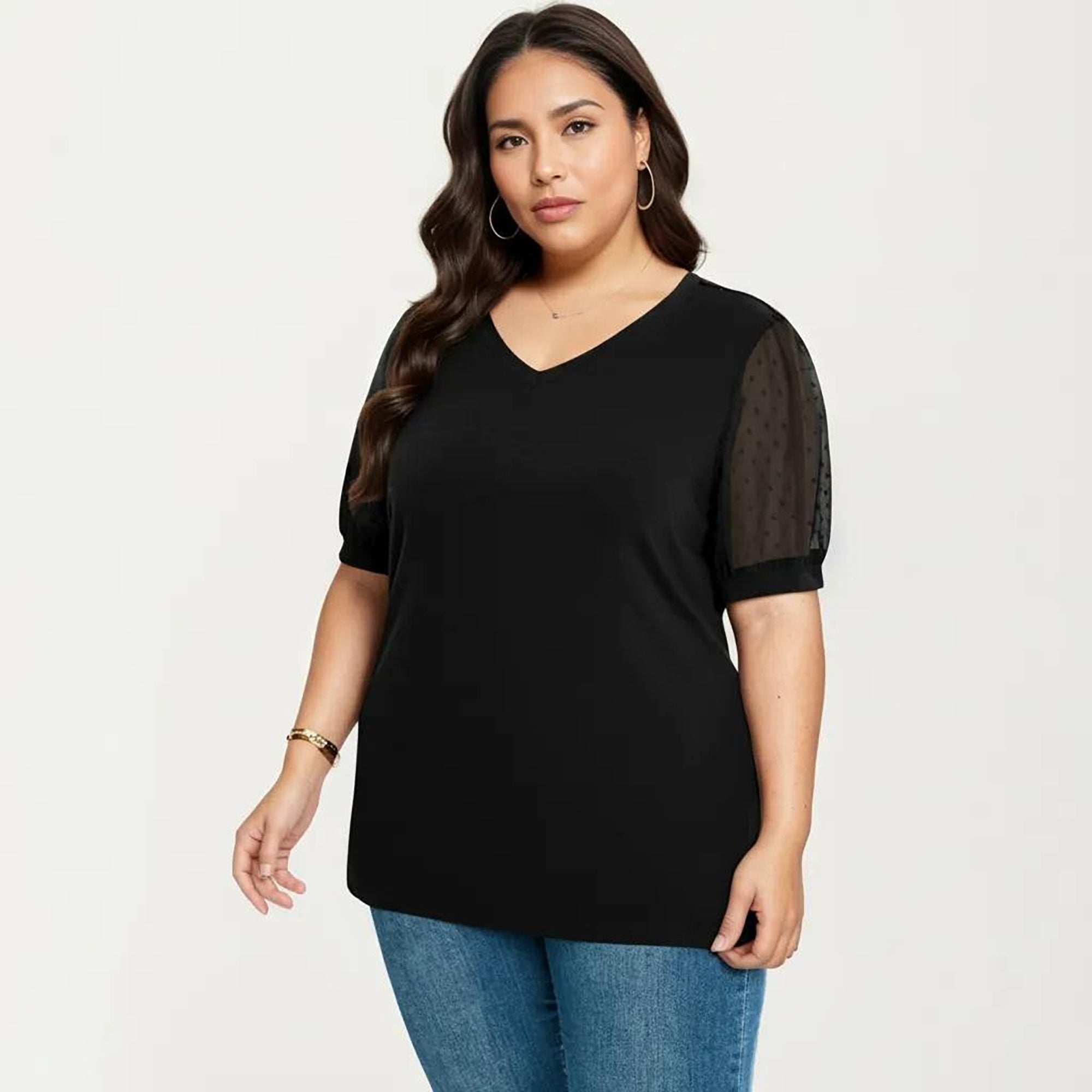 Anna-Kaci Women's Plus Size Short Sleeve Top with V Neck Sheer Dot Mesh Sleeves Soft Knit Fabric Relaxed Shirt