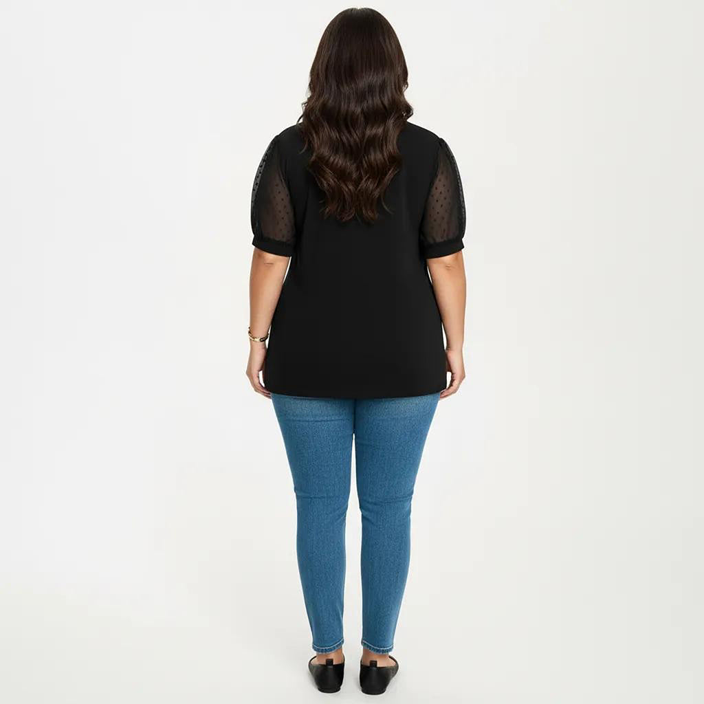 Anna-Kaci Women's Plus Size Short Sleeve Top with V Neck Sheer Dot Mesh Sleeves Soft Knit Fabric Relaxed Shirt