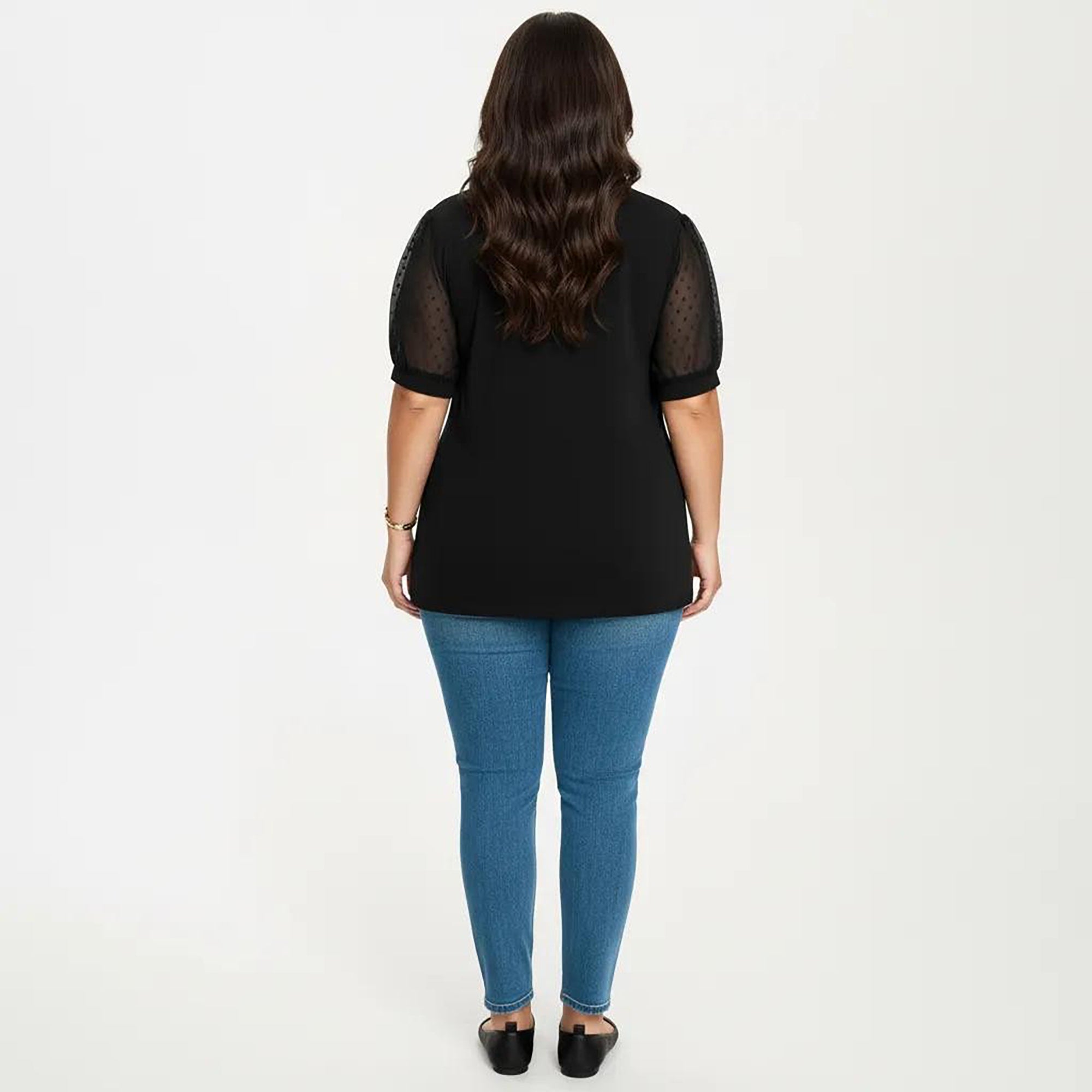 Anna-Kaci Women's Plus Size Short Sleeve Top with V Neck Sheer Dot Mesh Sleeves Soft Knit Fabric Relaxed Shirt
