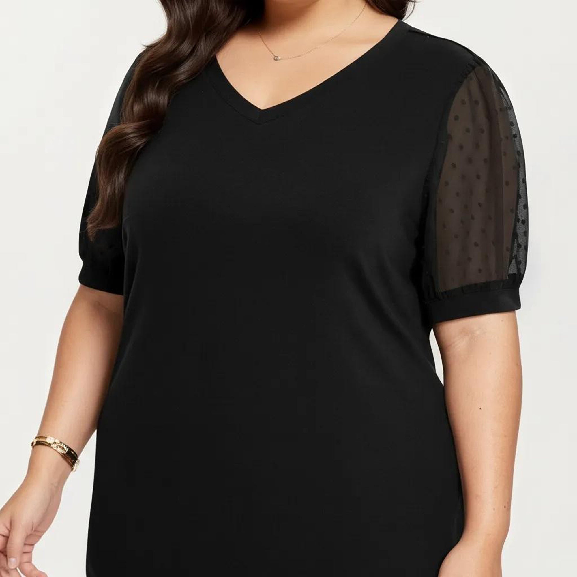 Anna-Kaci Women's Plus Size Short Sleeve Top with V Neck Sheer Dot Mesh Sleeves Soft Knit Fabric Relaxed Shirt