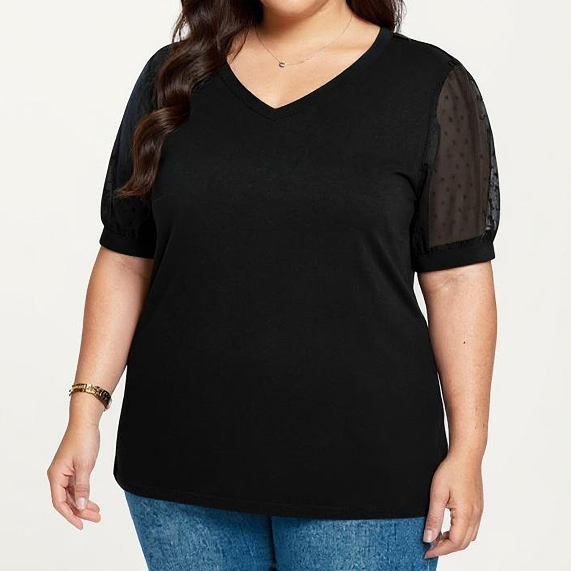 Anna-Kaci Women's Plus Size Short Sleeve Top with V Neck Sheer Dot Mesh Sleeves Soft Knit Fabric Relaxed Shirt