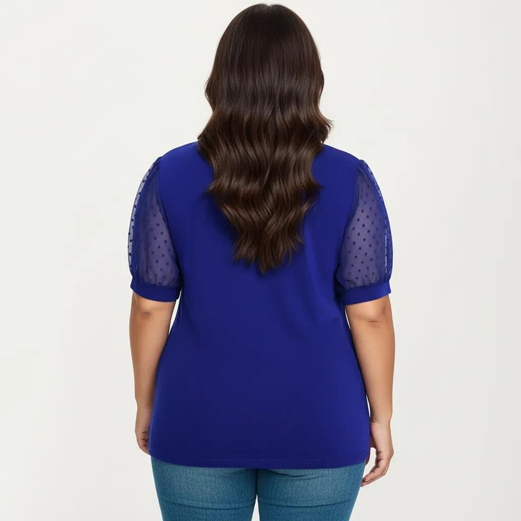 Anna-Kaci Women's Plus Size Short Sleeve Top with V Neck Sheer Dot Mesh Sleeves Soft Knit Fabric Relaxed Shirt