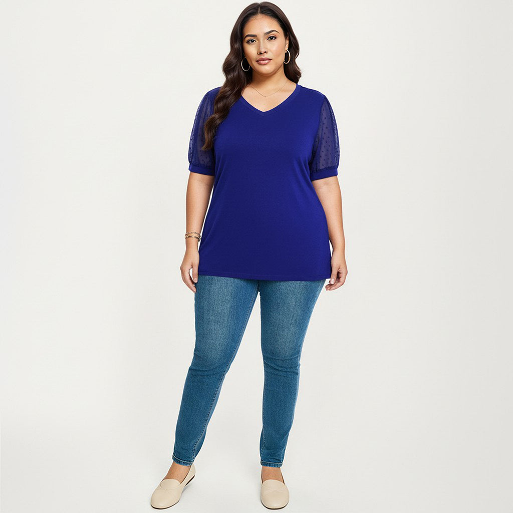 Anna-Kaci Women's Plus Size Short Sleeve Top with V Neck Sheer Dot Mesh Sleeves Soft Knit Fabric Relaxed Shirt