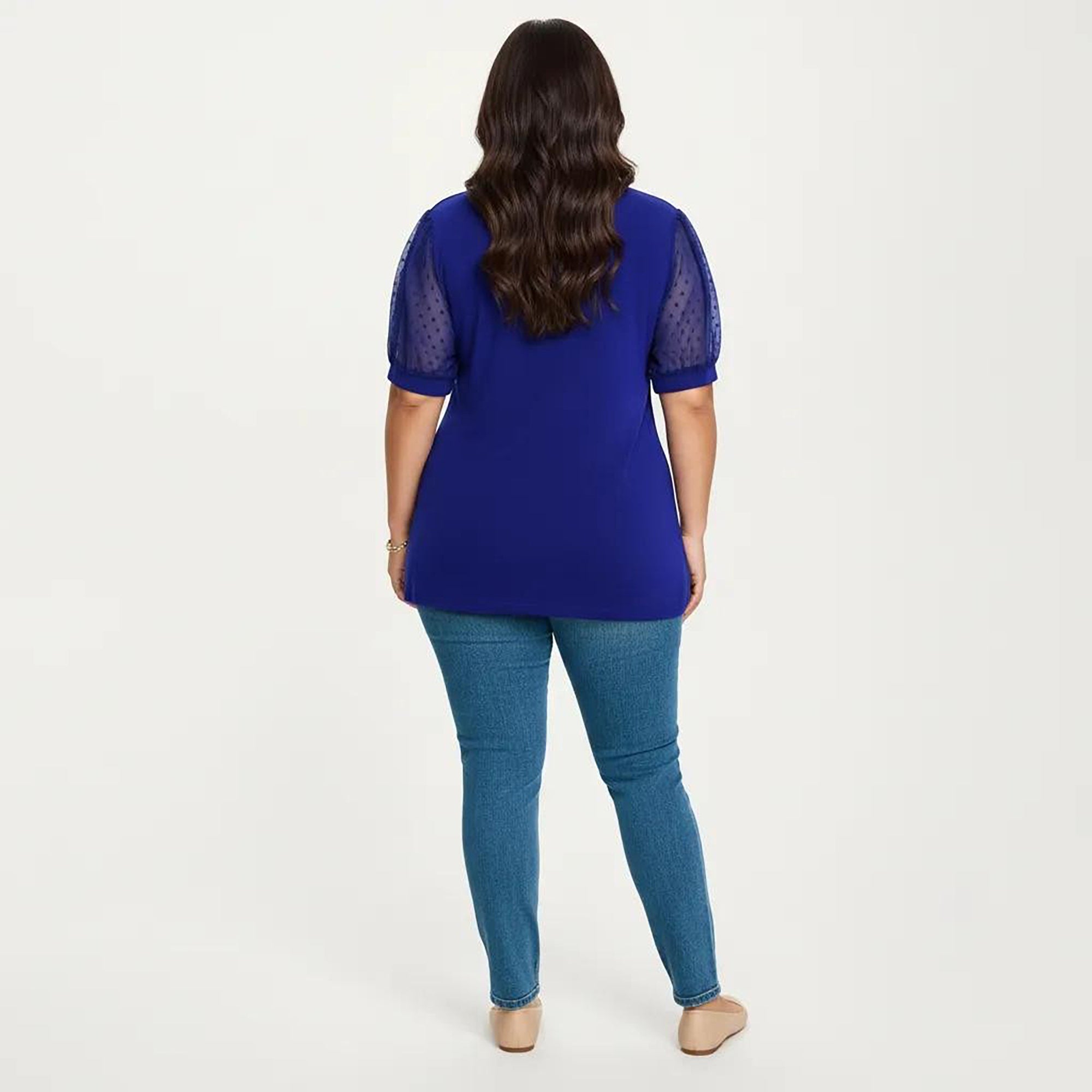 Anna-Kaci Women's Plus Size Short Sleeve Top with V Neck Sheer Dot Mesh Sleeves Soft Knit Fabric Relaxed Shirt