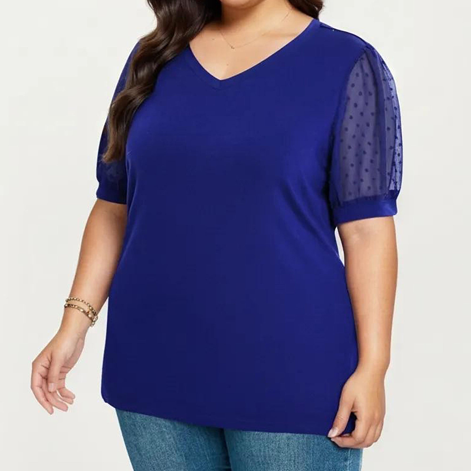 Anna-Kaci Women's Plus Size Short Sleeve Top with V Neck Sheer Dot Mesh Sleeves Soft Knit Fabric Relaxed Shirt