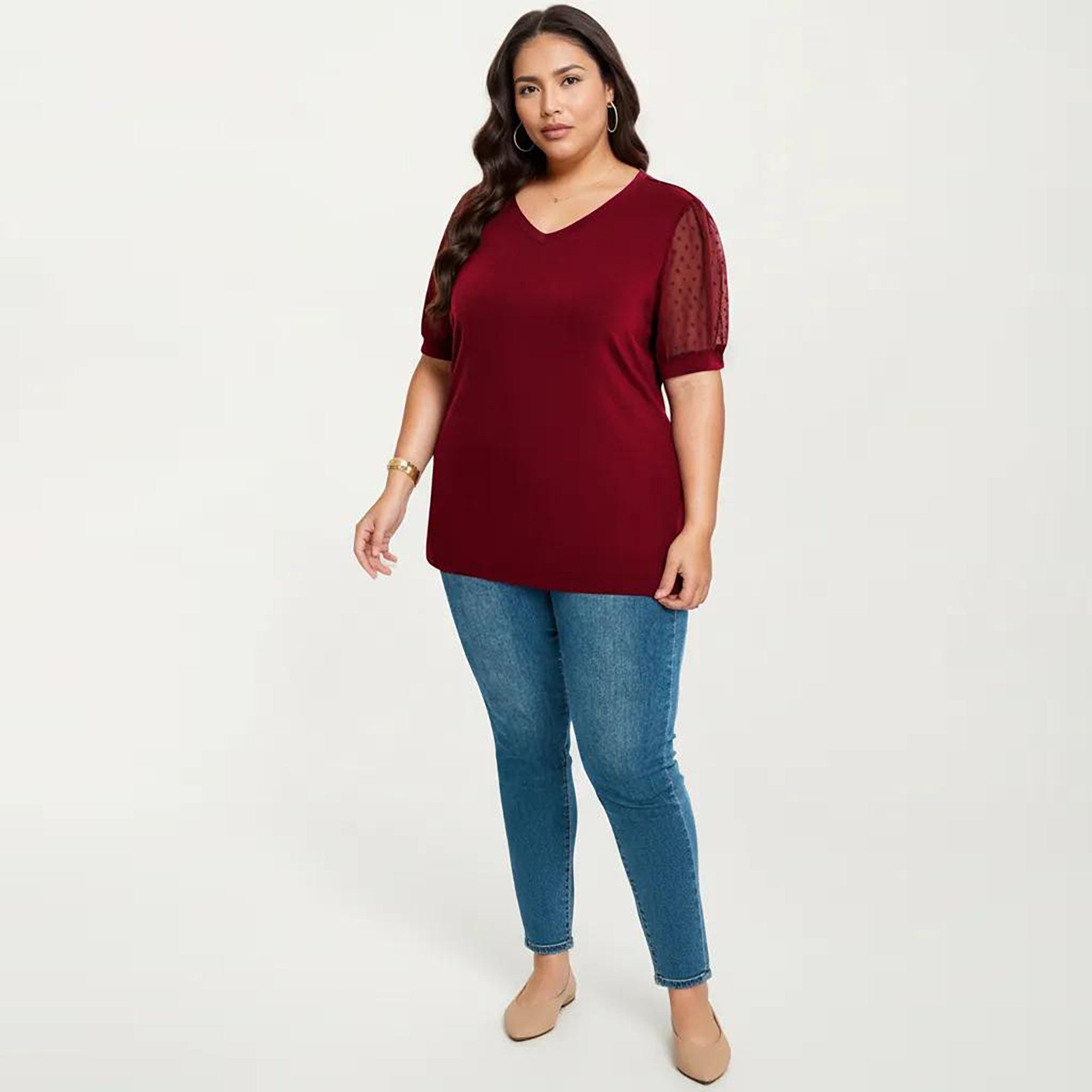 Anna-Kaci Women's Plus Size Short Sleeve Top with V Neck Sheer Dot Mesh Sleeves Soft Knit Fabric Relaxed Shirt