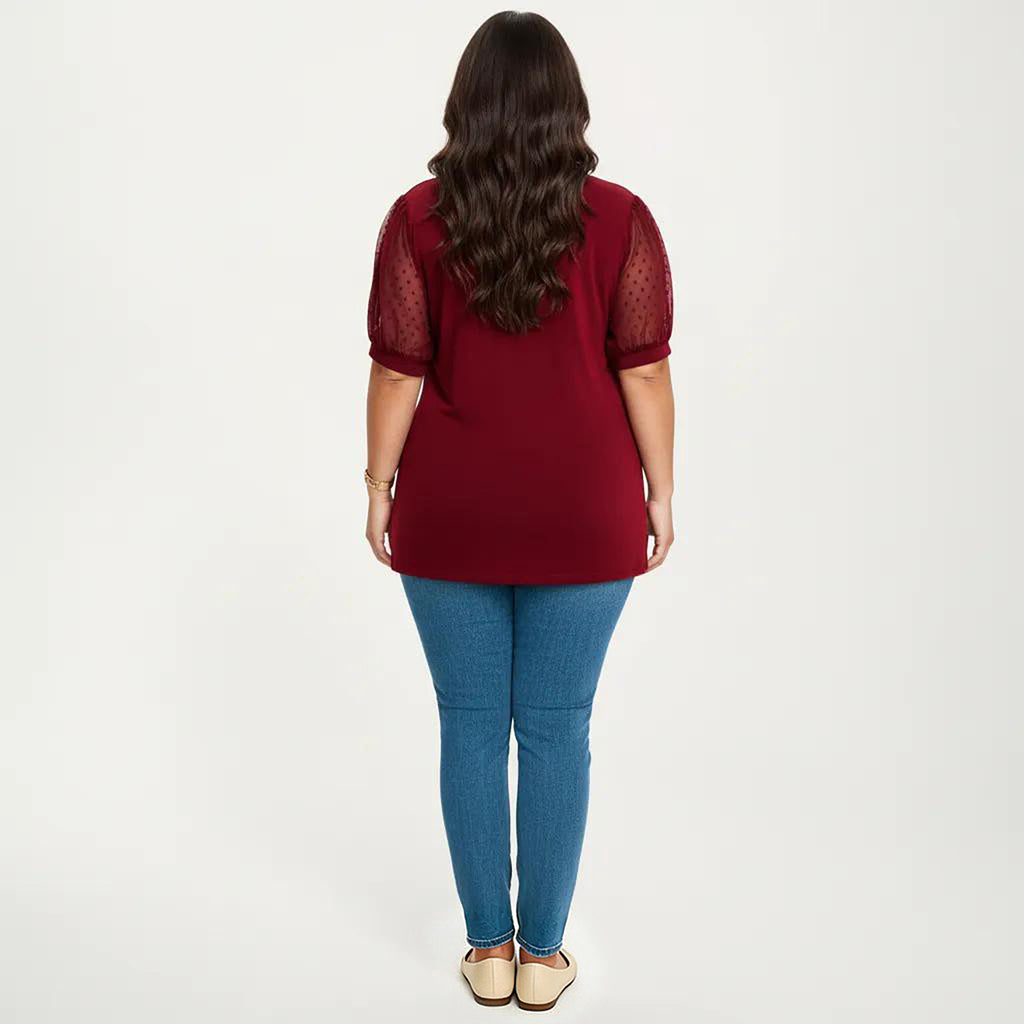 Anna-Kaci Women's Plus Size Short Sleeve Top with V Neck Sheer Dot Mesh Sleeves Soft Knit Fabric Relaxed Shirt