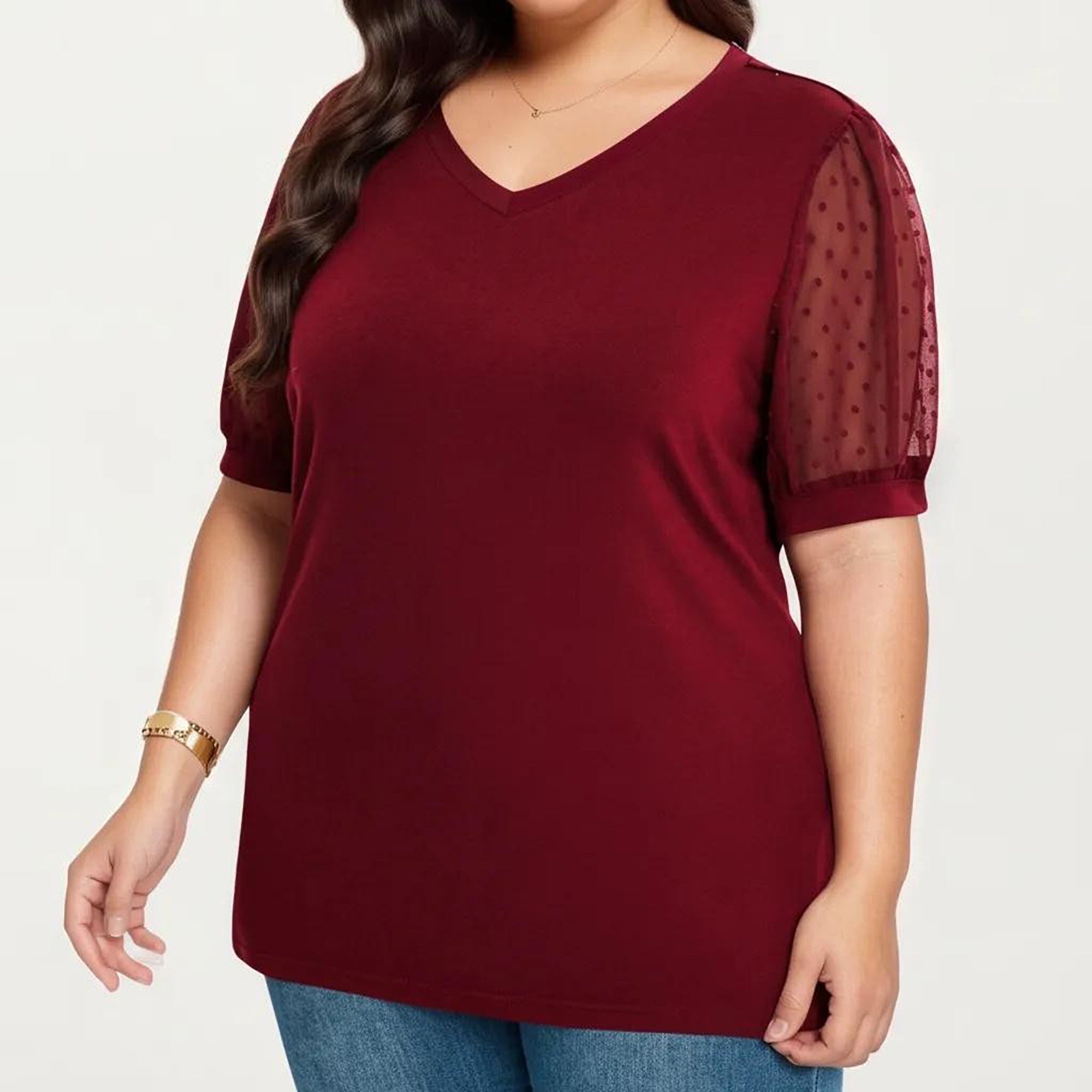 Anna-Kaci Women's Plus Size Short Sleeve Top with V Neck Sheer Dot Mesh Sleeves Soft Knit Fabric Relaxed Shirt