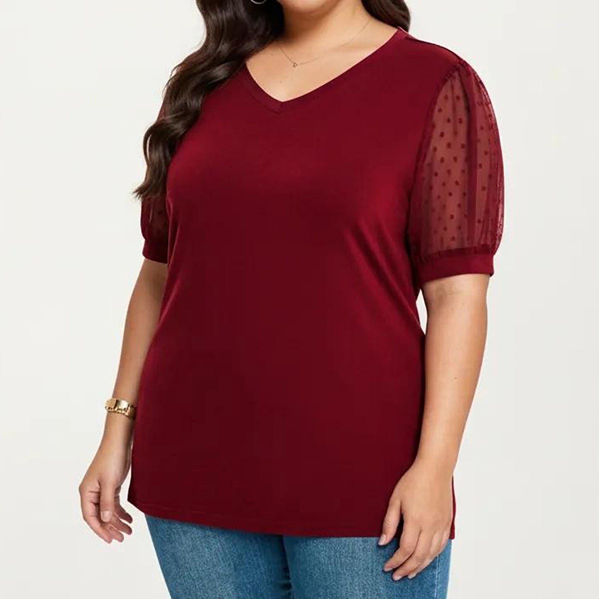 Anna-Kaci Women's Plus Size Short Sleeve Top with V Neck Sheer Dot Mesh Sleeves Soft Knit Fabric Relaxed Shirt
