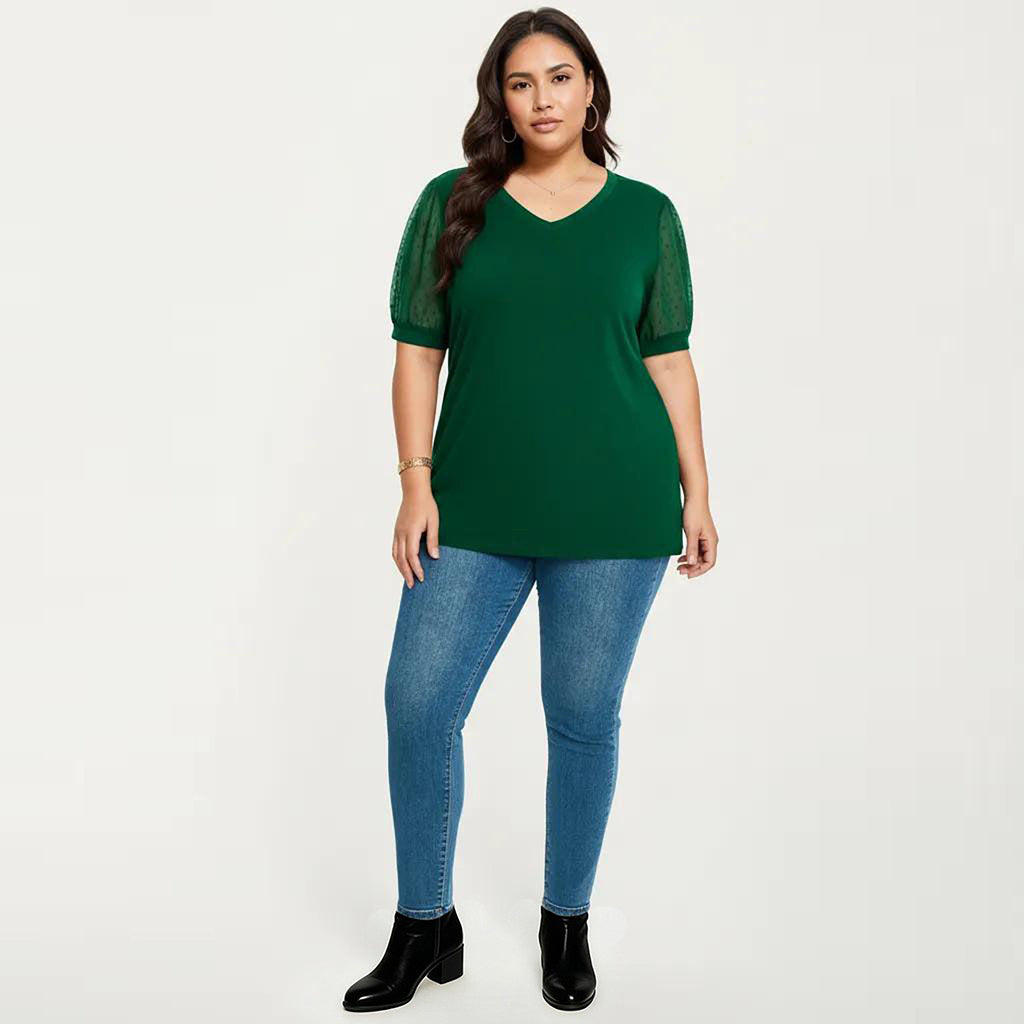 Anna-Kaci Women's Plus Size Short Sleeve Top with V Neck Sheer Dot Mesh Sleeves Soft Knit Fabric Relaxed Shirt