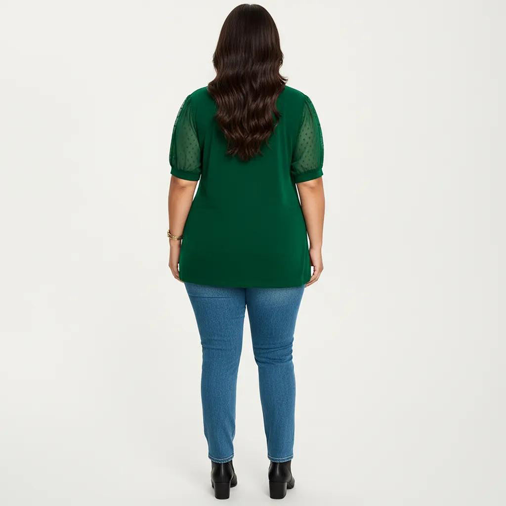 Anna-Kaci Women's Plus Size Short Sleeve Top with V Neck Sheer Dot Mesh Sleeves Soft Knit Fabric Relaxed Shirt
