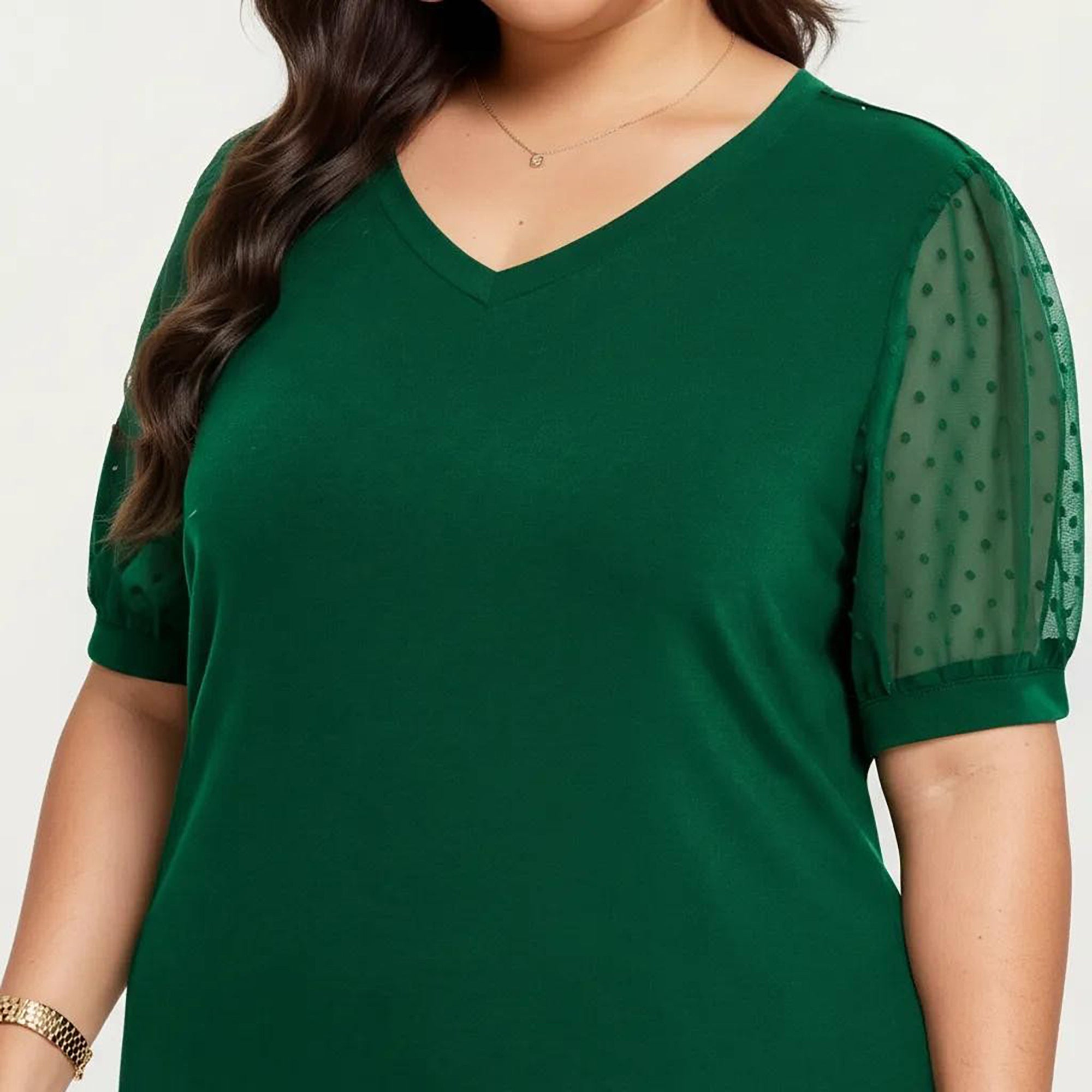 Anna-Kaci Women's Plus Size Short Sleeve Top with V Neck Sheer Dot Mesh Sleeves Soft Knit Fabric Relaxed Shirt