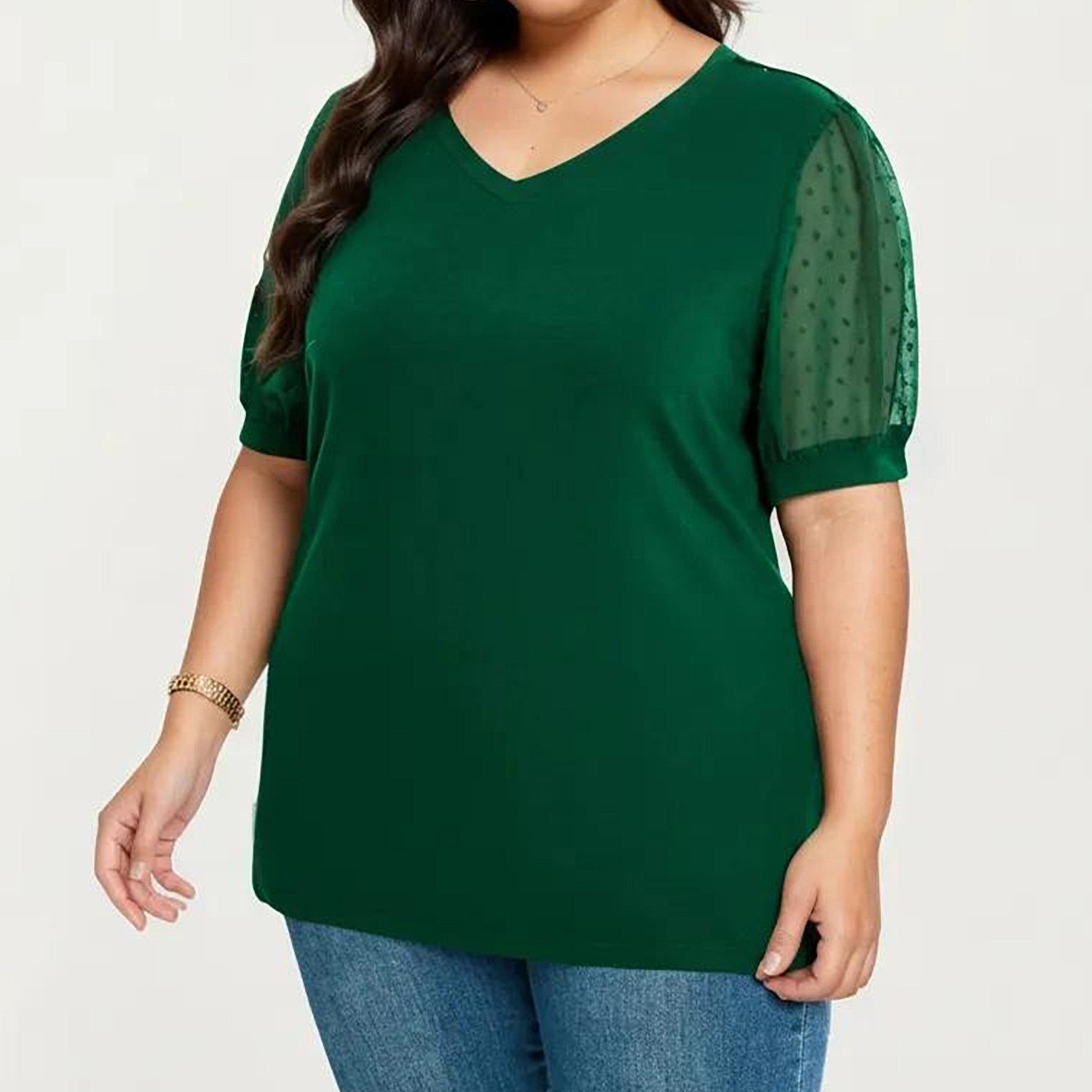 Anna-Kaci Women's Plus Size Short Sleeve Top with V Neck Sheer Dot Mesh Sleeves Soft Knit Fabric Relaxed Shirt