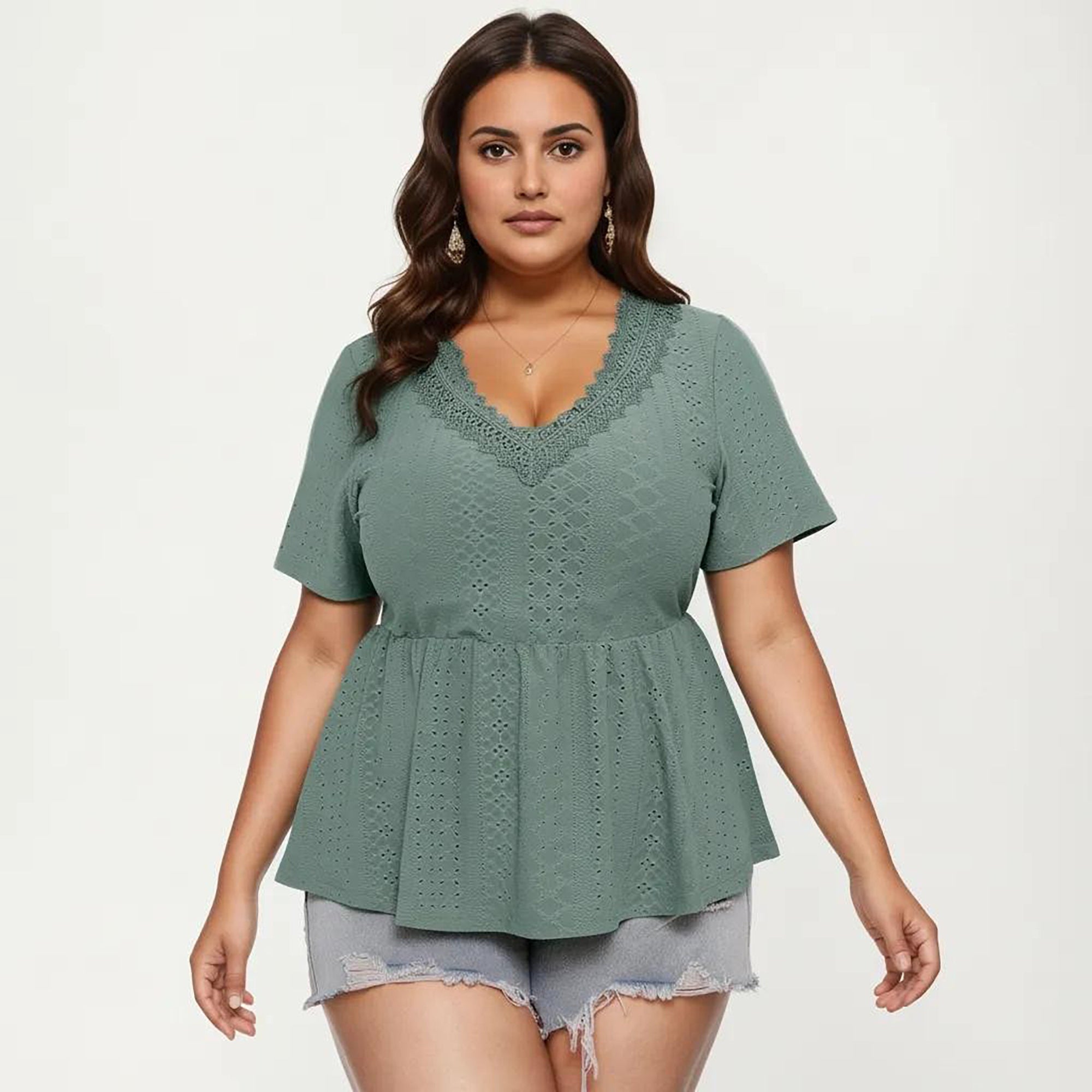 Anna-Kaci Women's Plus Size Short Sleeve Peplum Top with V Neck Lace Trim Eyelet Knit Fabric Relaxed Fit Shirt