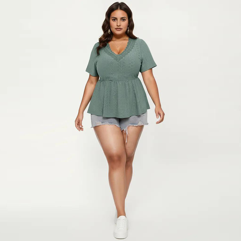 Anna-Kaci Women's Plus Size Short Sleeve Peplum Top with V Neck Lace Trim Eyelet Knit Fabric Relaxed Fit Shirt
