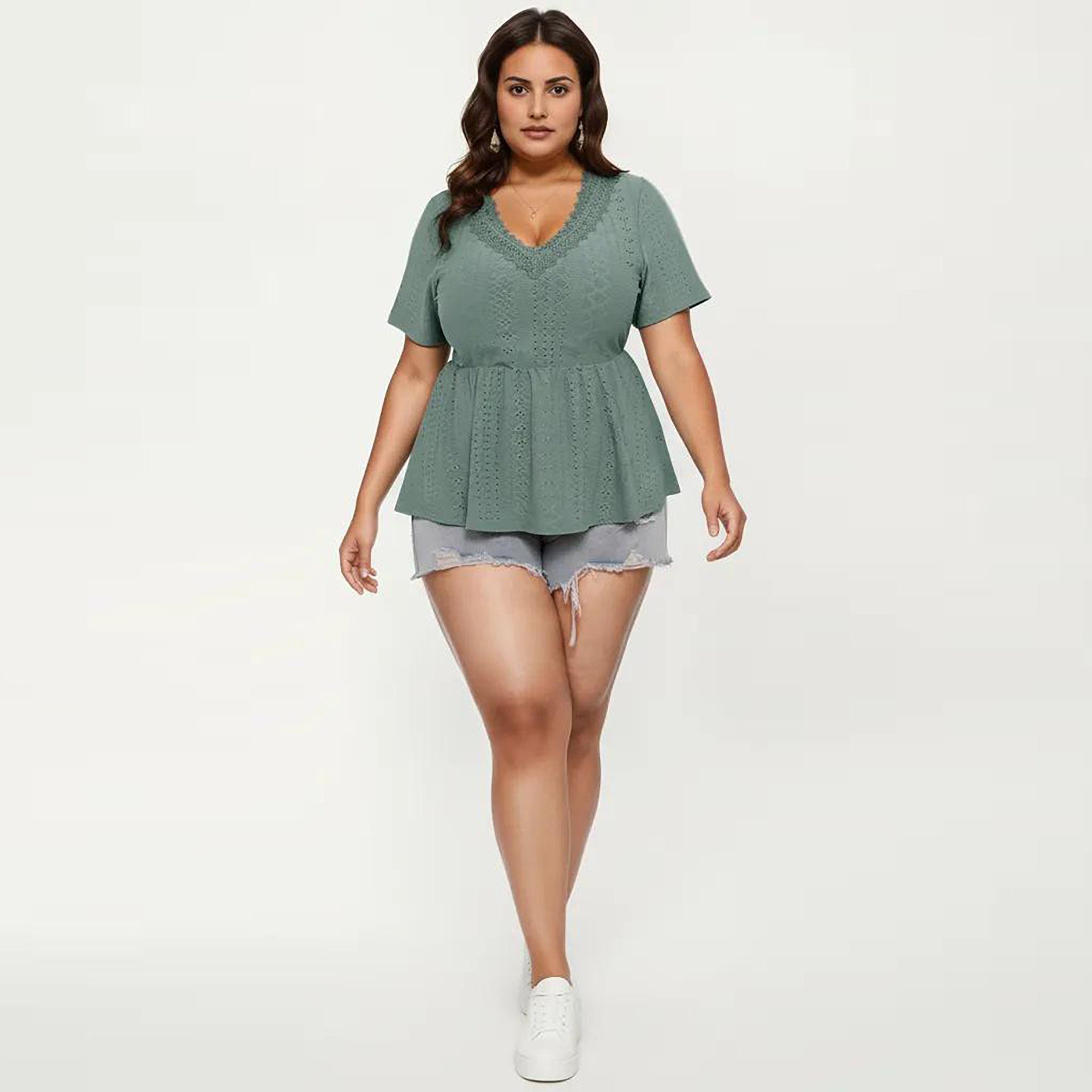 Anna-Kaci Women's Plus Size Short Sleeve Peplum Top with V Neck Lace Trim Eyelet Knit Fabric Relaxed Fit Shirt