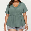 Anna-Kaci Women's Plus Size Short Sleeve Peplum Top with V Neck Lace Trim Eyelet Knit Fabric Relaxed Fit Shirt