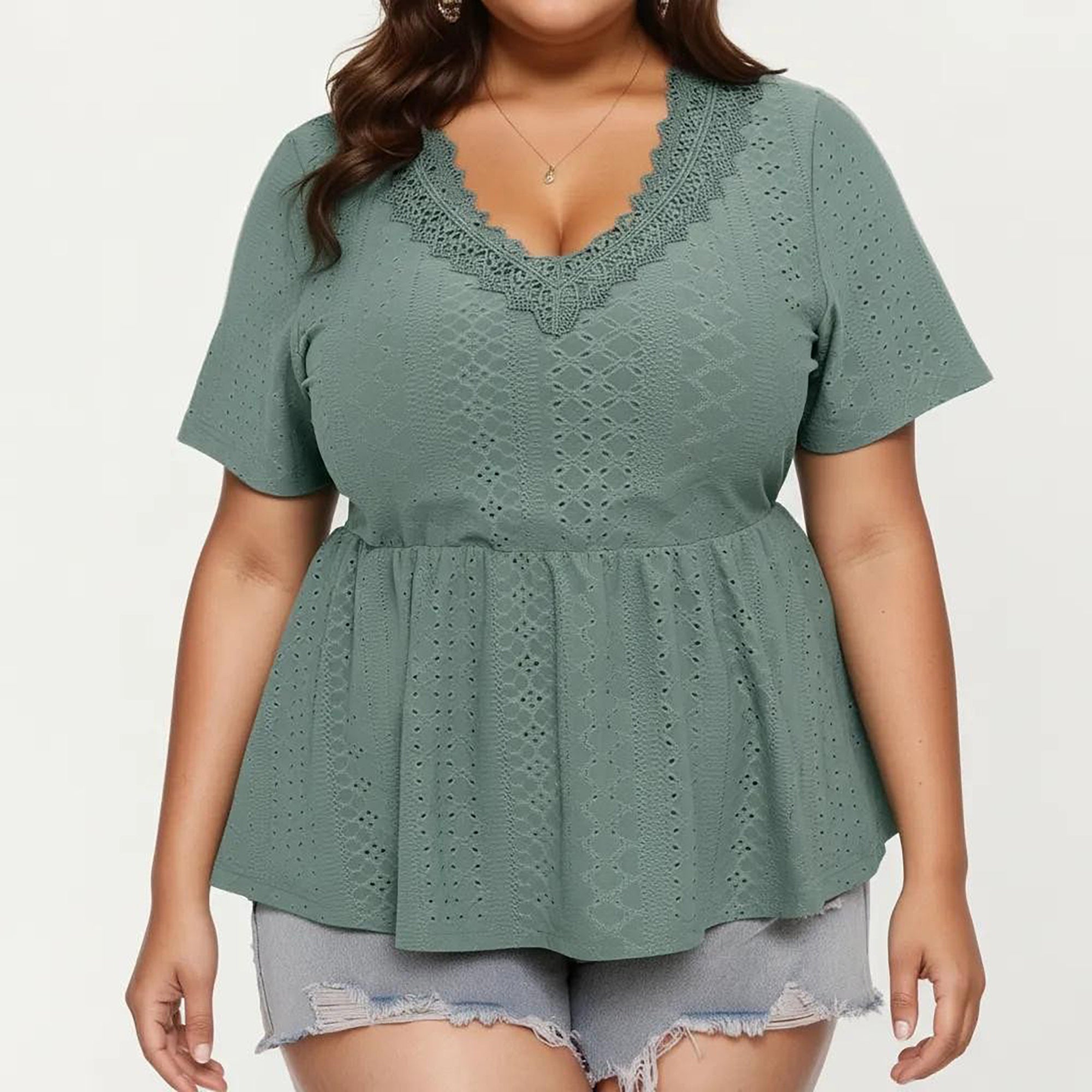 Anna-Kaci Women's Plus Size Short Sleeve Peplum Top with V Neck Lace Trim Eyelet Knit Fabric Relaxed Fit Shirt